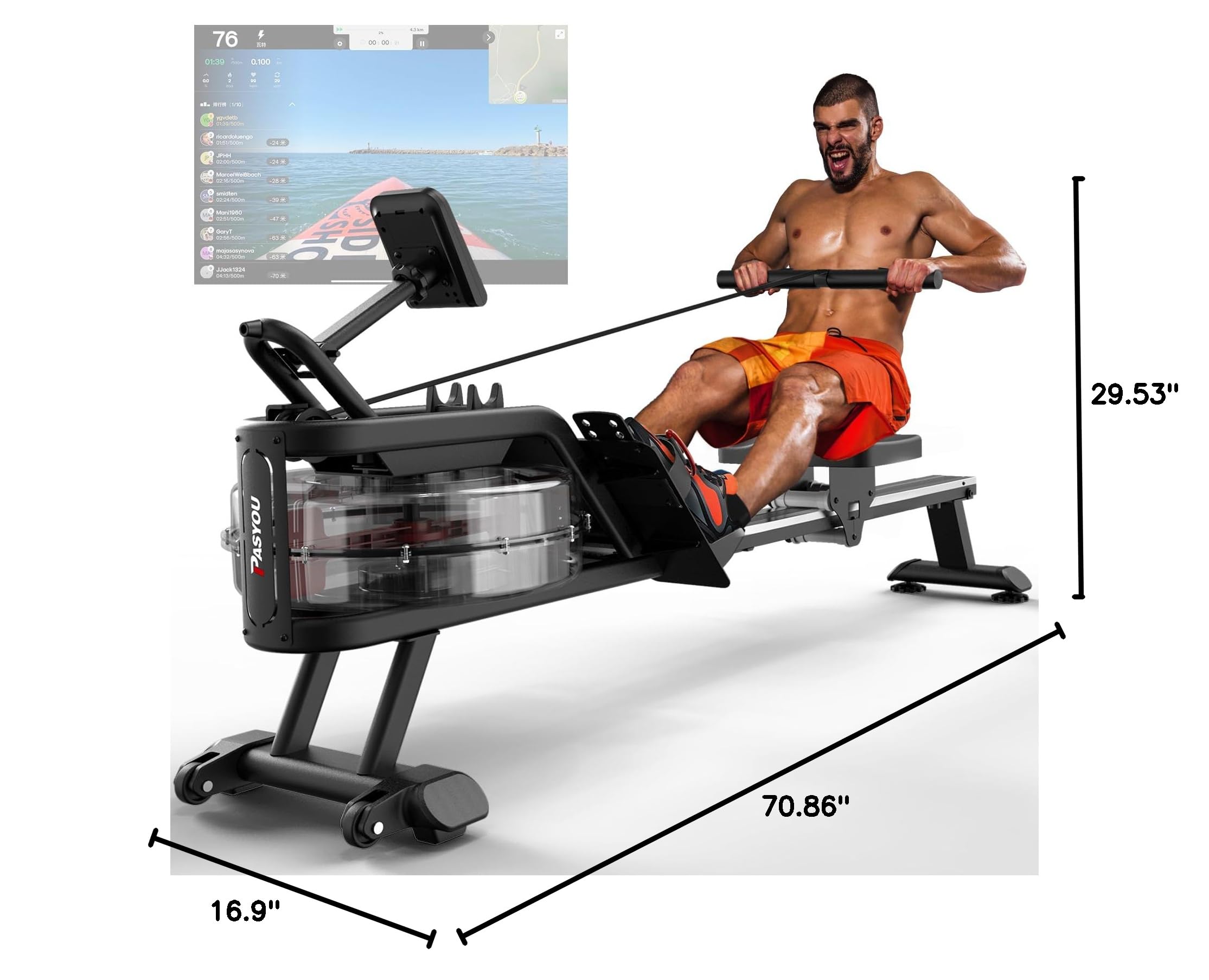 PASYOU Water Rowing Machine for Home Use - 350LBS Weight Capacity, Bluetooth Connectivity & LCD Monitor - Perfect for Cardio Workouts, Full-Body Training and Home Gym Fitness