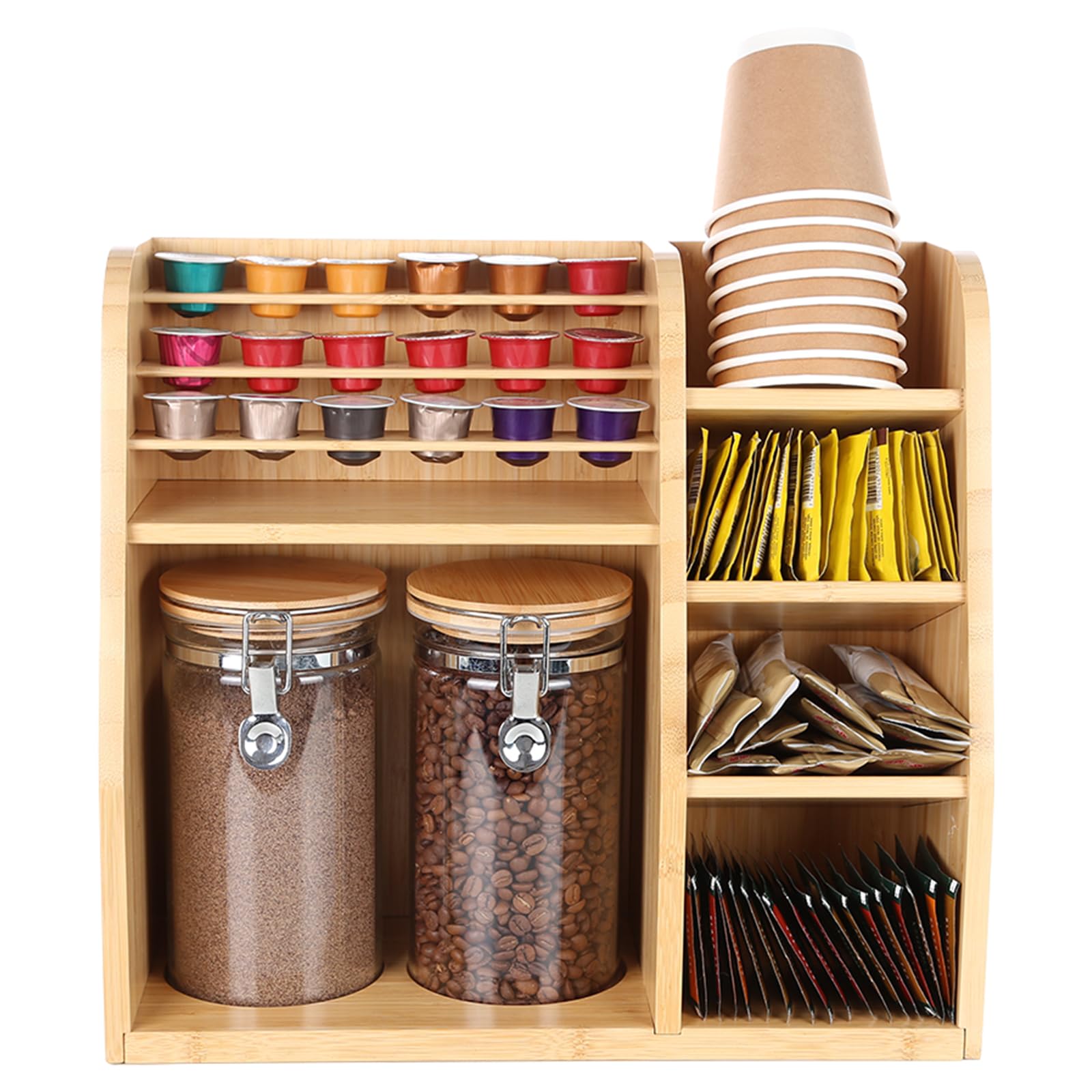 KKC HOME ACCENTS Bamboo Coffee Bar Organizer Set with 2 Airtight Glass Jars - Countertop Storage for Coffee Beans, Loose Tea, Tea Bags & Coffee Pods | Perfect for Kitchen, Office & Coffee Station Organization (Style B)