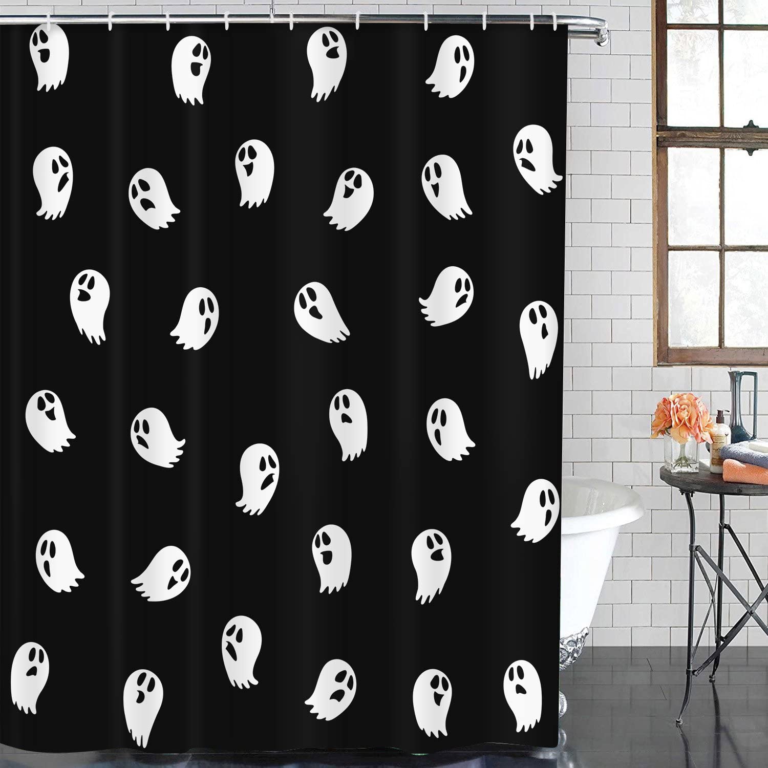 Halloween Bathroom Set - Ghost Shower Curtain & Matching Rugs (4-Piece) | Spooky Bathroom Decor for Halloween Party, Haunted House Theme | Waterproof & Cute Evil Design