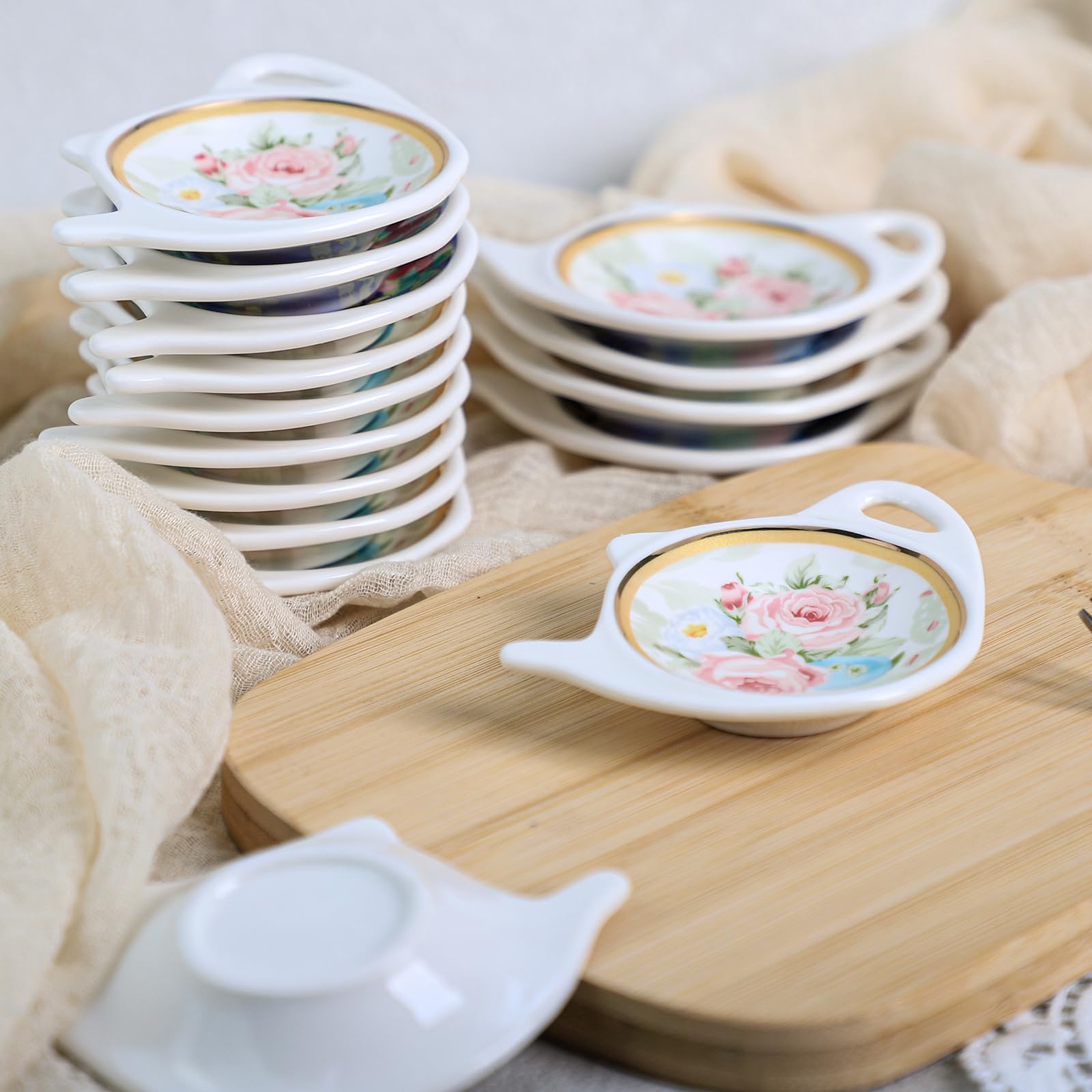 Elegant Floral Tea Bag Holder with Gold Trim - Porcelain Teapot-Shaped Coaster & Saucer Set (4 Inch/10cm, 10-Pack) - Perfect for Afternoon Tea, Gifts, and Kitchen Decor