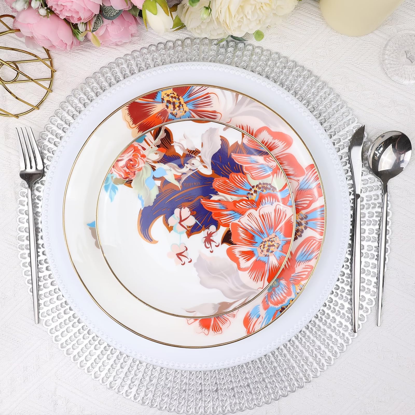 12-Pack White Beaded Charger Plates - 13