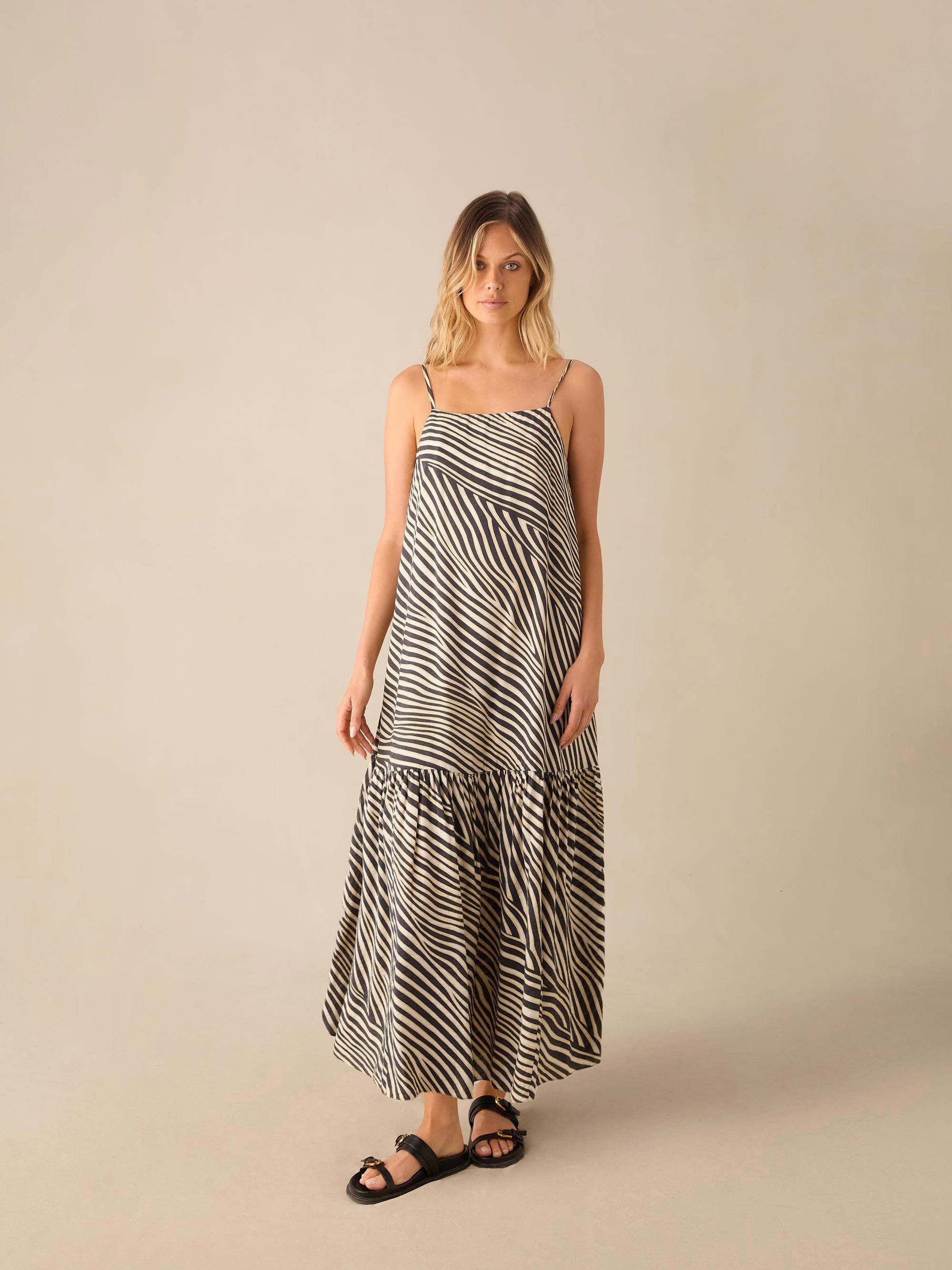 Stylish Neutral Animal Print Tiered Maxi Dress for Women - Boho Chic Flowy Long Dress for Summer, Beach, Vacation & Casual Outings
