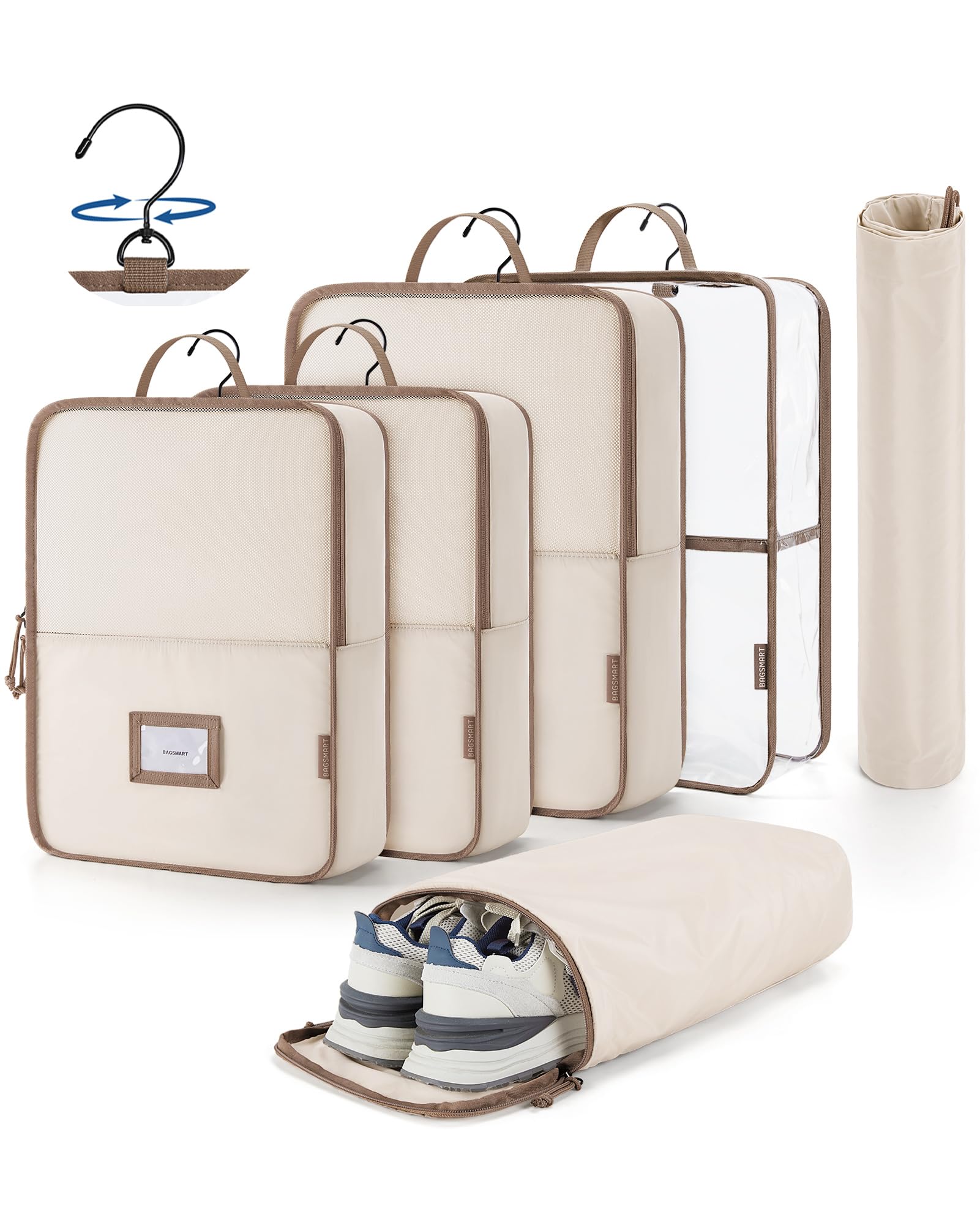BAGSMART 6-Piece Hanging Packing Cubes Set - Clear Waterproof Travel Organizer for Suitcases with Zipper, Handles & Hook - Perfect for Closet Storage & Luggage Organization (White Opal) | Ideal for Business Trips, Vacations & Weekend Getaways