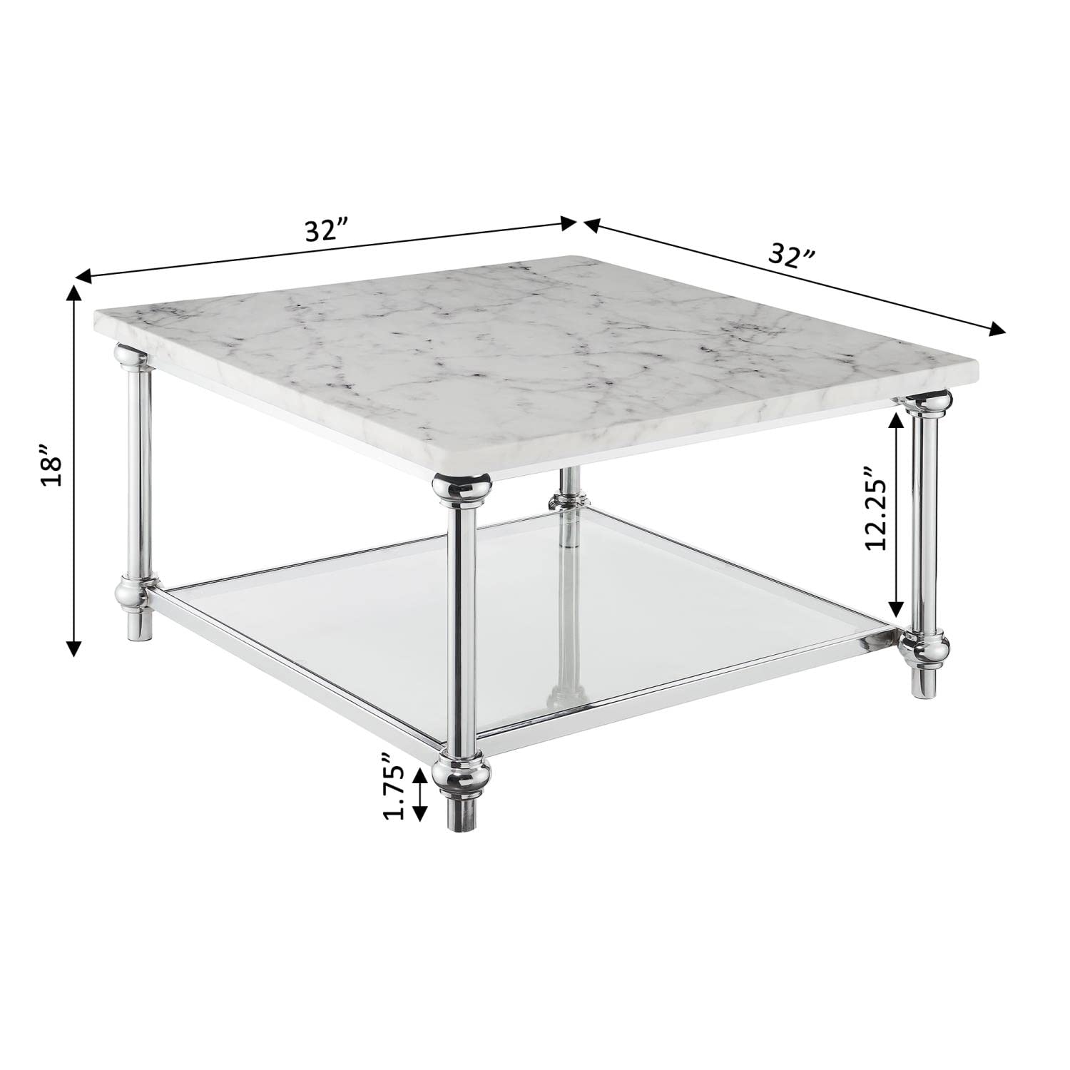 Convenience Concepts Roman II Square Coffee Table - Faux White Marble & Chrome Finish | Modern Living Room Centerpiece for Home Decor