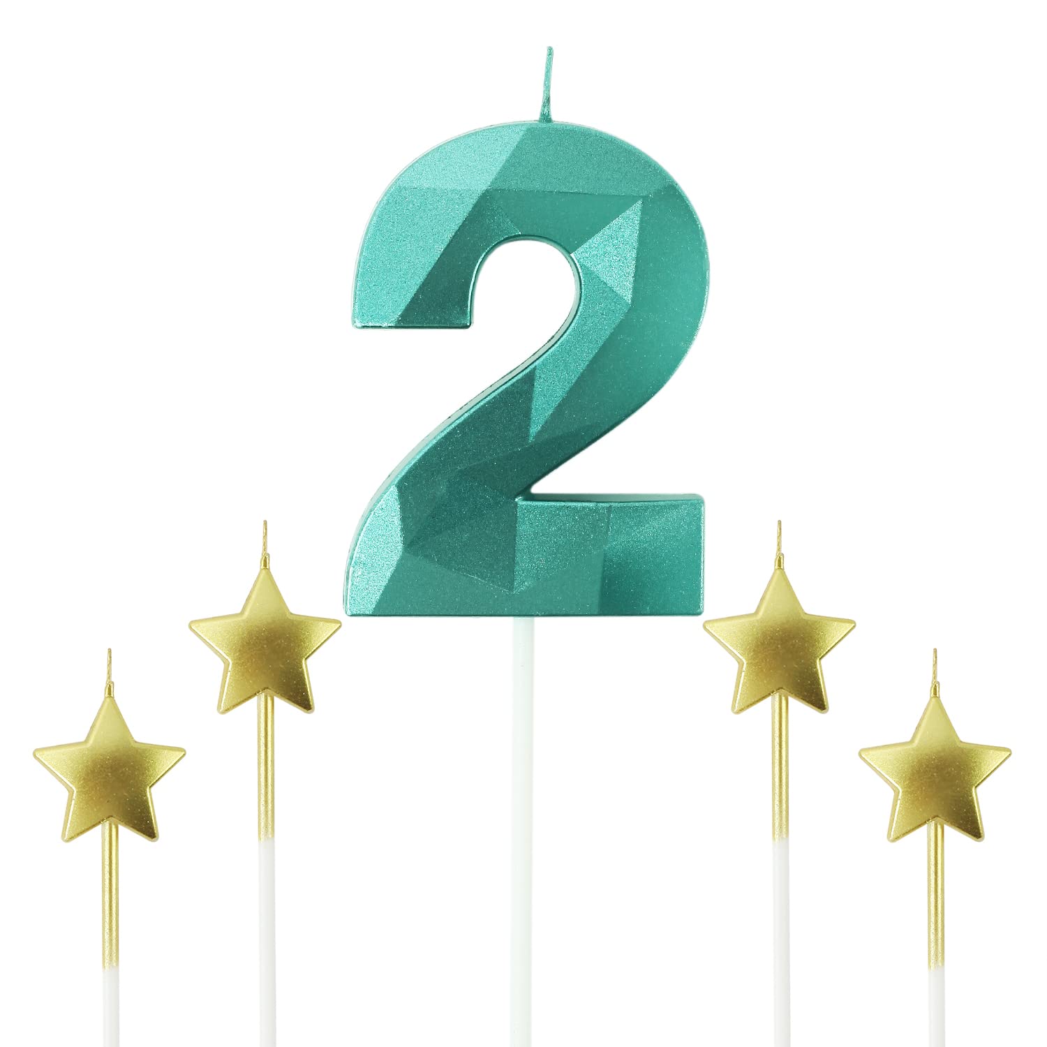 Green Number 2 & Star Birthday Candles - 2.76 Inch 3D Diamond Shaped Cake Candles for Birthday Parties, Anniversary Decorations | Perfect for Cake Toppers, Cupcake Decor, and Celebration Desserts