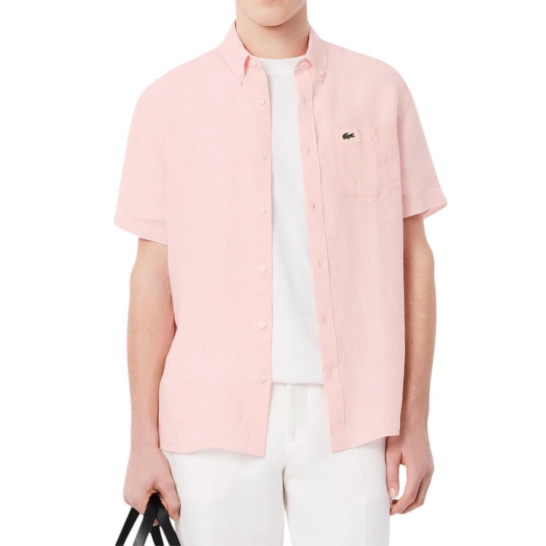 Lacoste Men's Short Sleeve Linen Button Down Shirt | Classic Regular Fit with Front Pocket | Casual Summer Wear for Office & Outdoor Activities