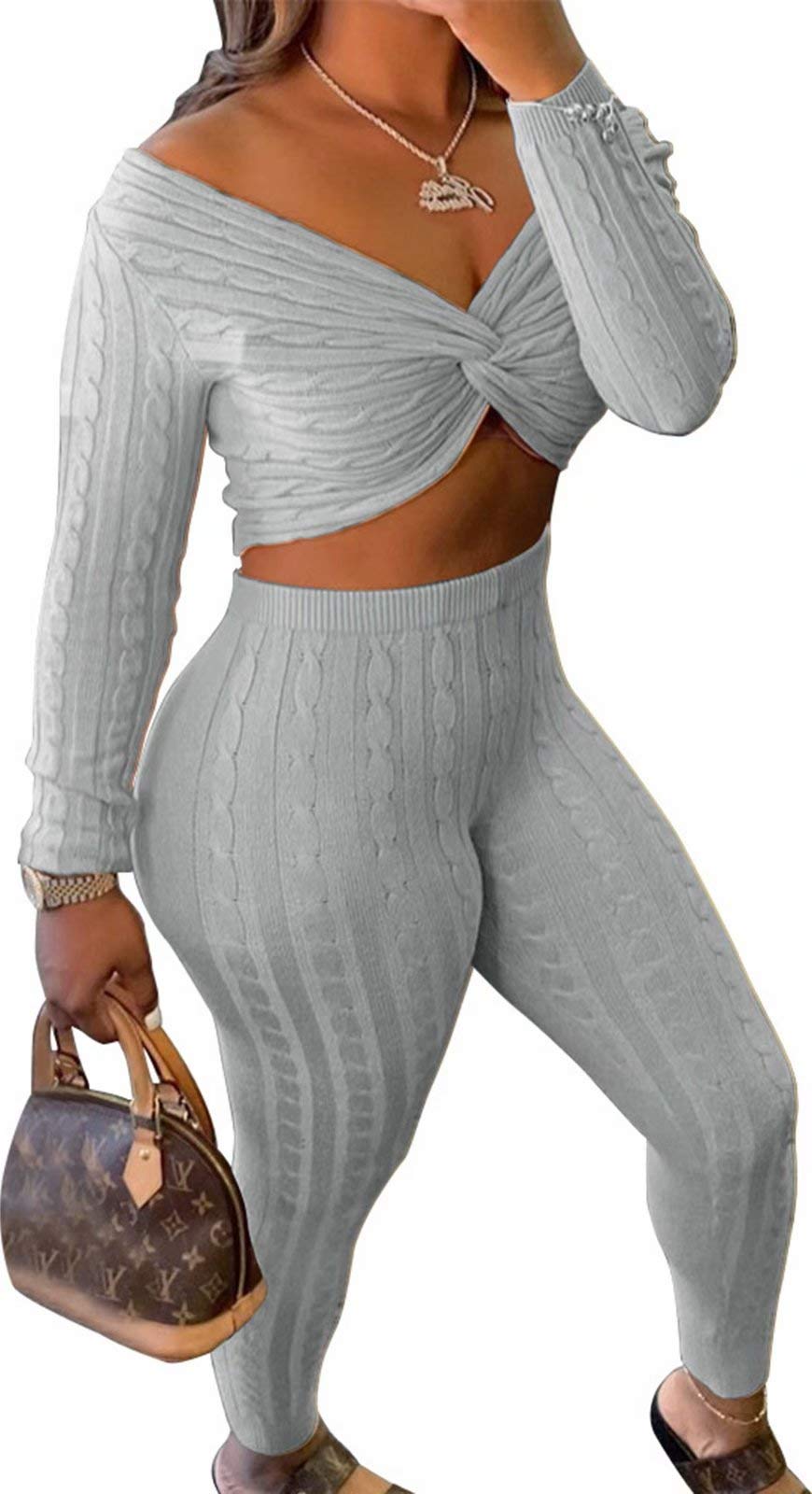 Women's Rib-Knit Off Shoulder Sweater & Long Pants Lounge Set - 2 Piece Outfits for Casual Wear, Home Relaxing & Street Style Fashion