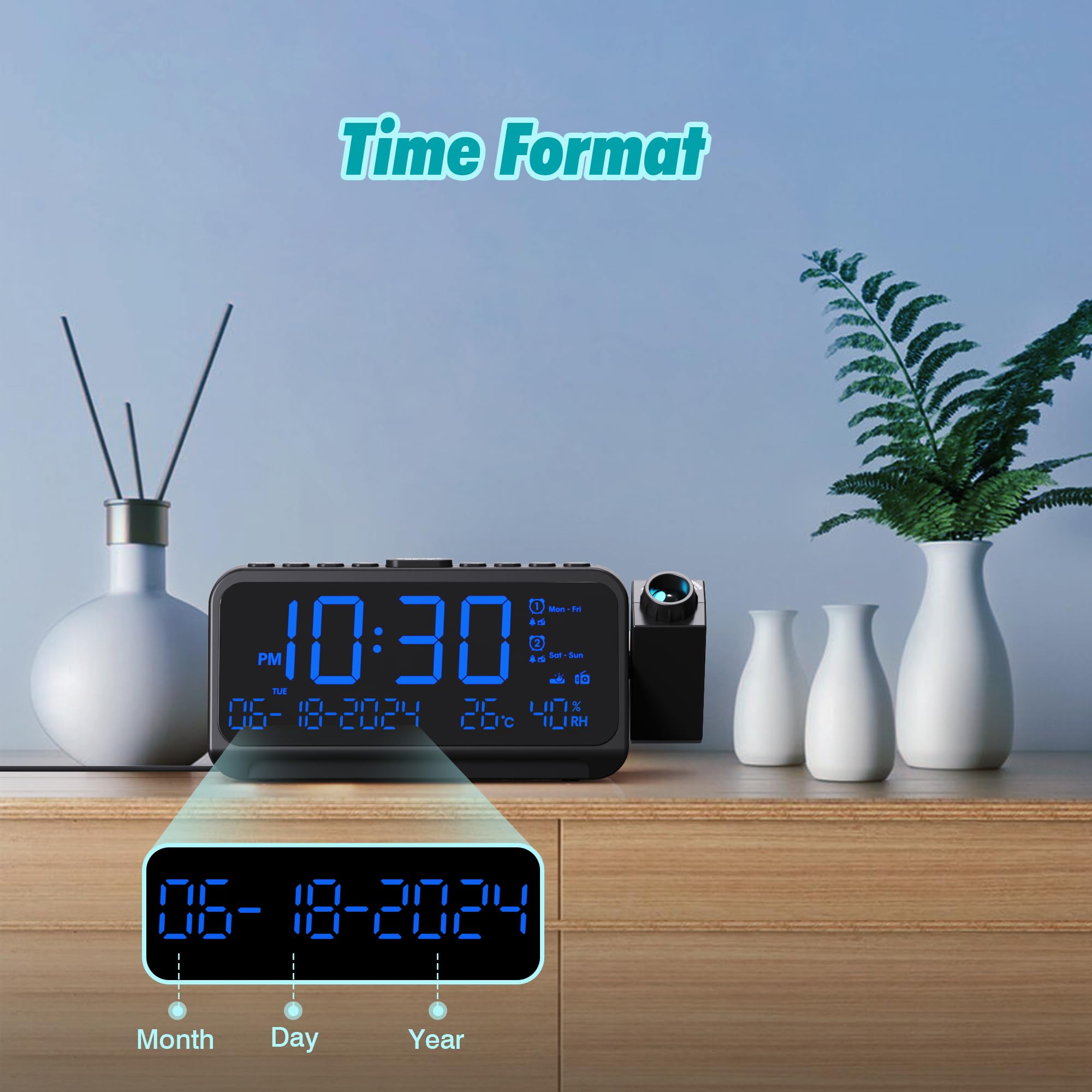 LED Projection Alarm Clock with FM Radio, Digital Clock with Dual Alarm, Adjustable Night Light, Temperature & Humidity Display, 5-Level Dimmer & USB-C Charging - Perfect for Bedroom, Office, and Travel Use