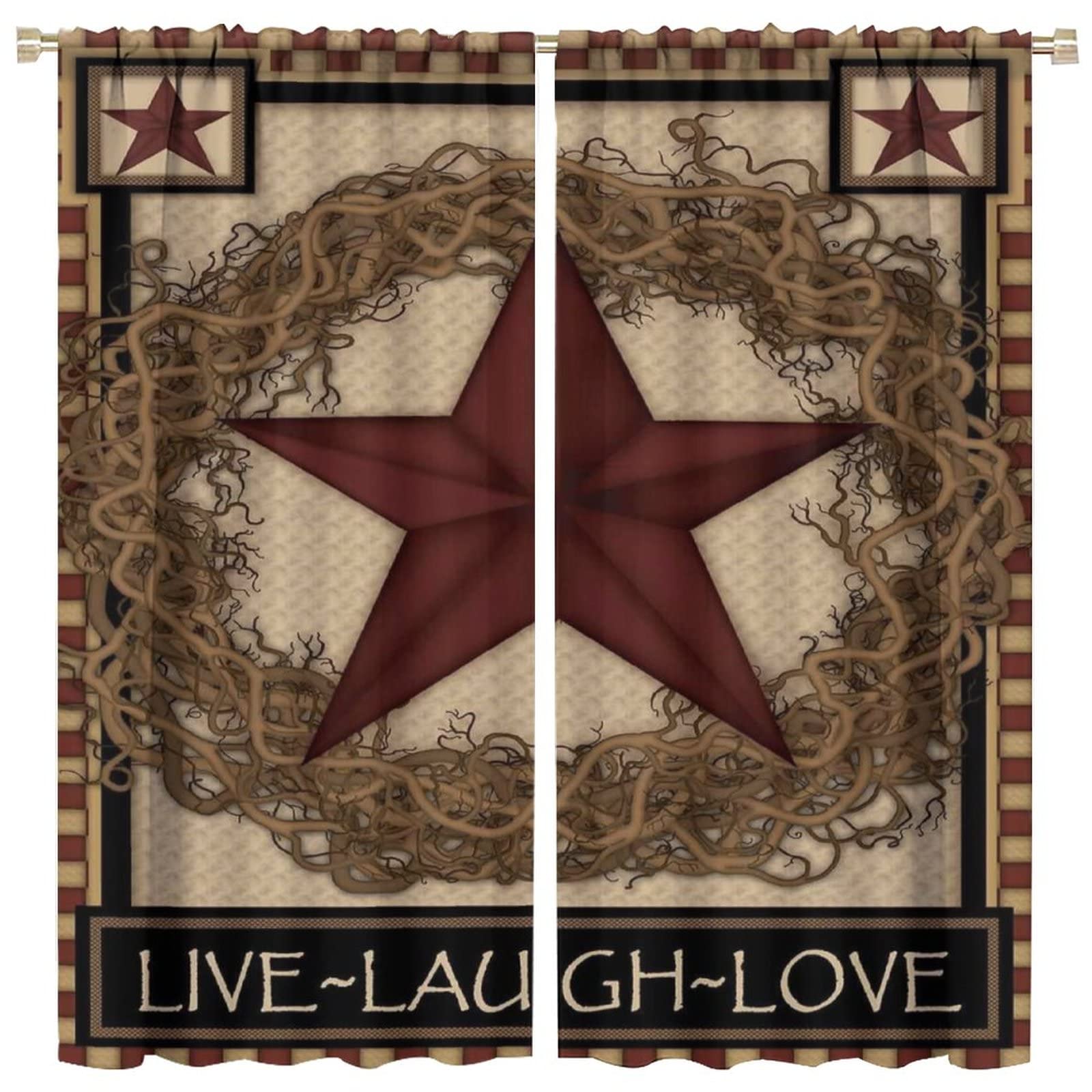 Vintage Western Texas Star Blackout Thermal Curtain Panels - Brown Rustic Rod Pocket Curtains (84