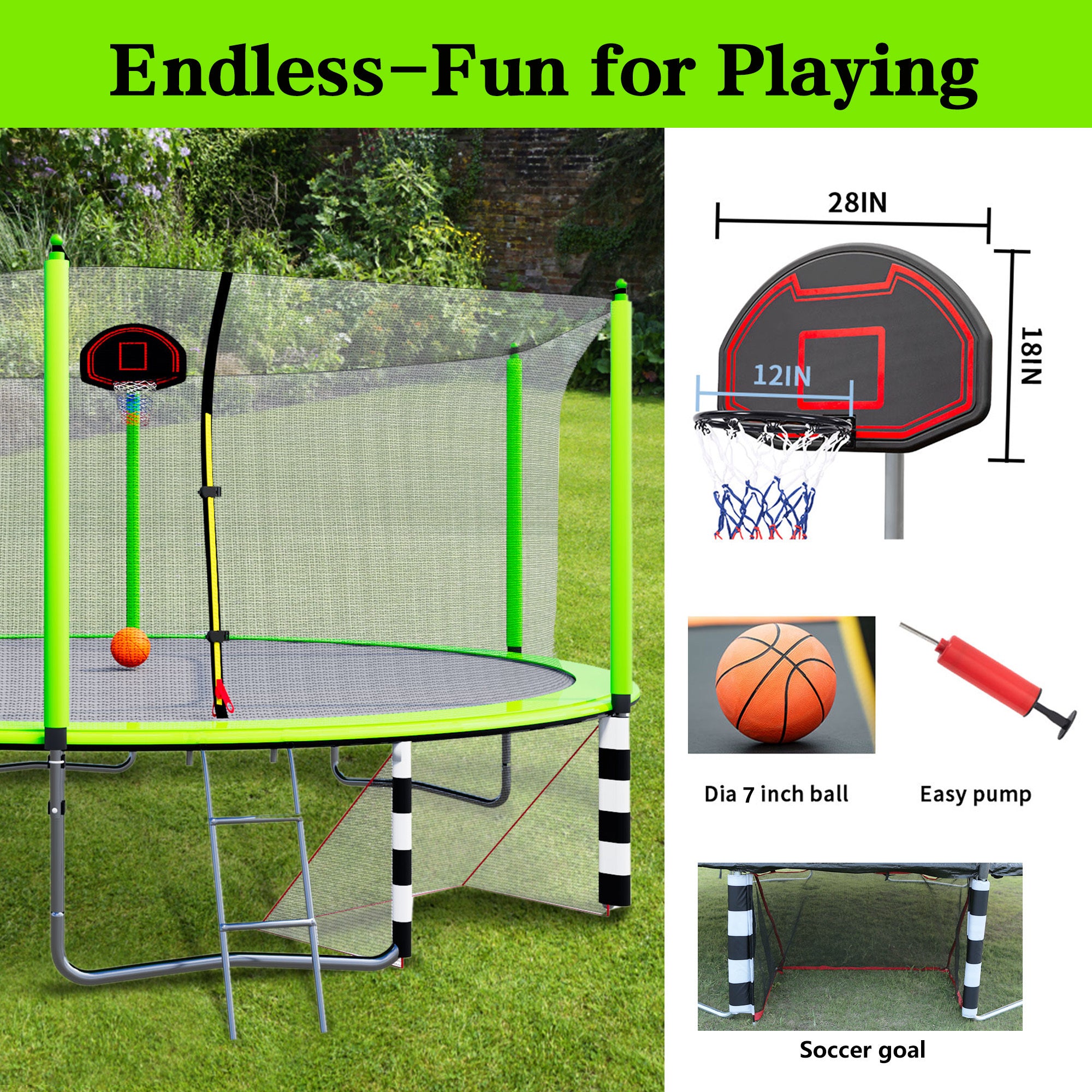 16FT Trampoline with Basketball Hoop, Air Pump & Ladder - Includes Safety Enclosure Net & Soccer Goal - Outdoor Backyard Fun for Kids & Family - Perfect for Exercise, Playtime & Birthday Parties (Green)
