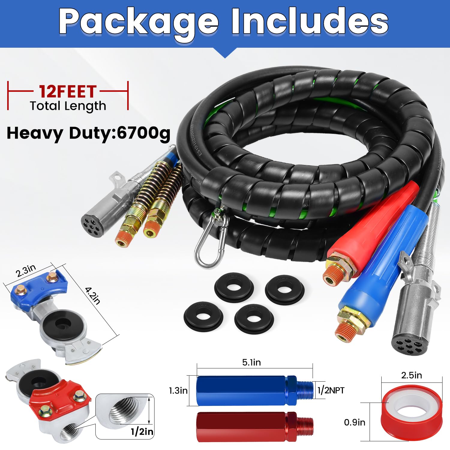 12Ft Semi Truck Air Line Kit - 3 in 1 Wrap Air Power Line with Glad Hand, Handles & Seals | Heavy Duty Air Hose for Semi Truck, Trailer & Tractor (TR813215) | Perfect for Long Haul Trucking & Trailer Maintenance