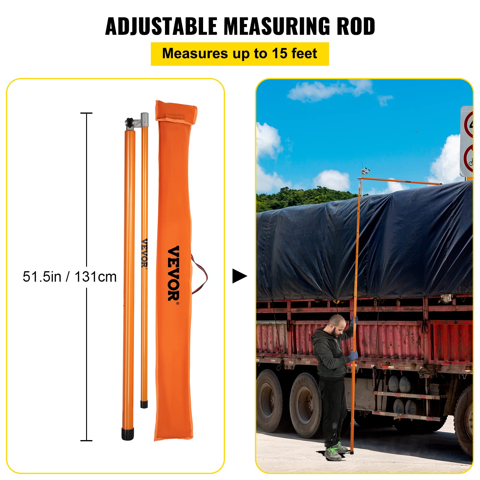 VEVOR 15' Fiberglass Truck Height Measuring Stick - Adjustable Non-Conductive Pole with Carrying Bag | Durable Load Height Gauge for Trucks & Car Haulers | Perfect for Warehouse, Shipping Yards & Transport Safety Checks