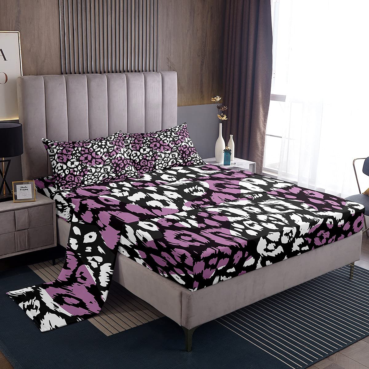 Erosebridal 4-Piece Leopard Print Bed Sheet Set - Full Size Cheetah Animal Print Bedding for Girls, Teens & Women - Purple & Black Tie-Dye Fitted Sheet, Flat Sheet & Pillowcases - Wild Jungle Themed Bedroom Decor for Kids Rooms, Dorm Rooms & Guest Bedrooms
