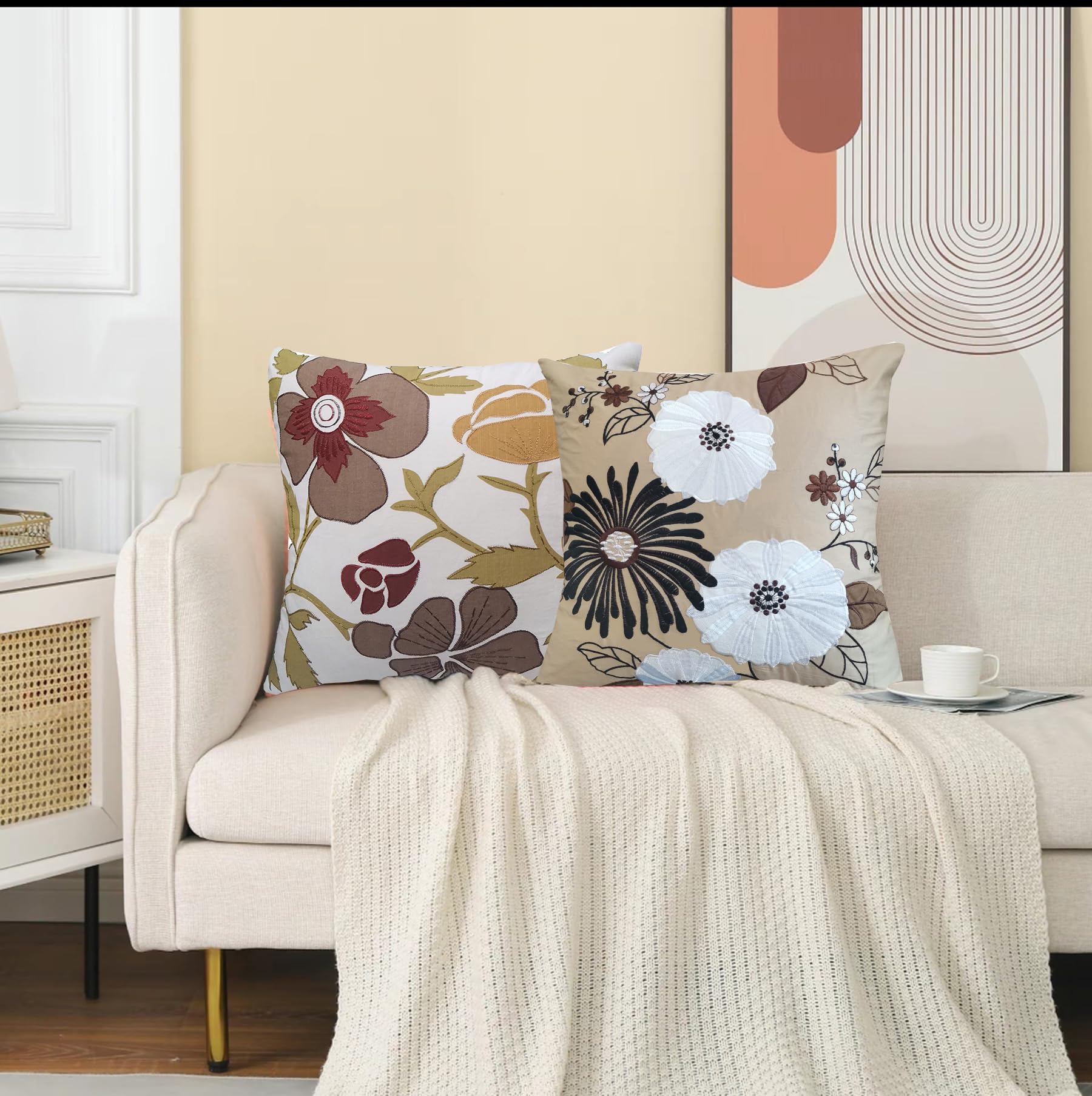 European Floral Appliquéd Embroidery Cotton Satin Cushion Cover 18x18 Inch - French Country Farmhouse Decorative Throw Pillow Case in Black/White/Brown Blooming Flower Design for Living Room Sofa, Bedroom Decor, Fall and Festive Home Accents
