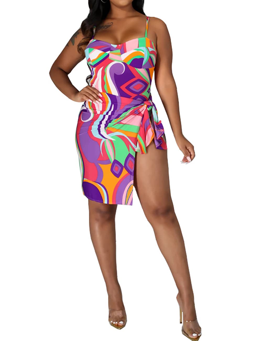 Women's One Piece Swimsuit - Geometric Color Block Bathing Suit with Cover Up - Perfect for Beach Vacation, Pool Party & Summer Travel