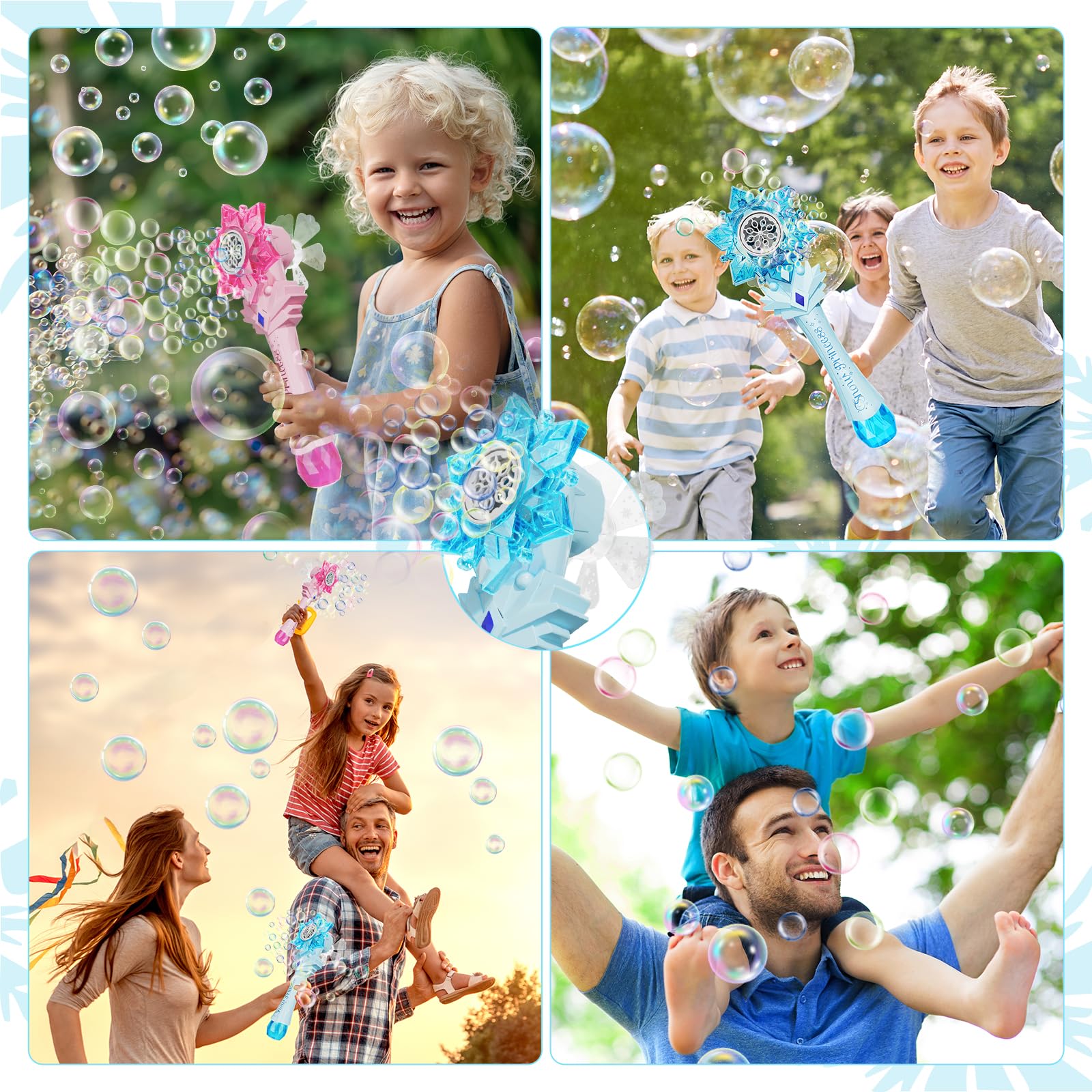 VATOS Automatic Bubble Blower Machine for Kids - 2 Pack Snowflake Bubble Wands with Lights & Music, Includes 2 Windmills & 4 Bottles Bubble Solution - Fun Bubble Toys for Toddlers, Boys, Girls & Adults - Perfect for Birthday Parties, Outdoor Play & Summer Activities