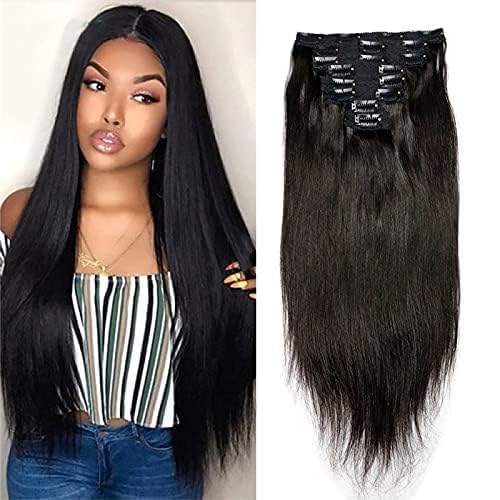 30 Inch Long Brazilian Human Hair Clip-in Extensions - Silky Straight 100% Remy Hair Weft - 150g Full Head Clip-in Hair Extensions for Black Women - #1 Jet Black - Perfect for Daily Styling, Parties & Special Occasions