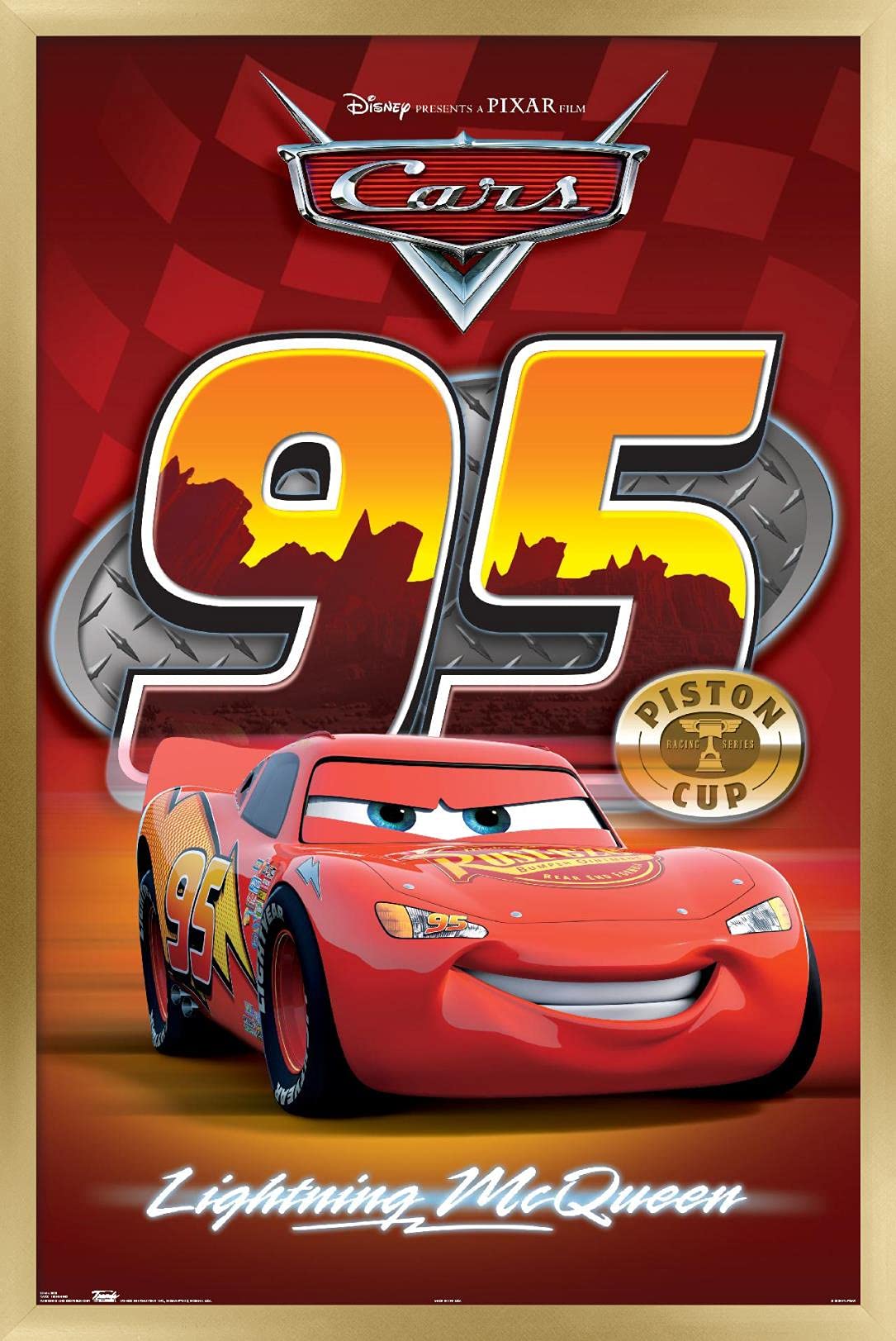 Disney Pixar Cars Lightning McQueen Wall Poster - 22.375 x 34 Inches Gold Framed Decor for Kids Room, Bedroom & Office | Official Licensed Movie Art