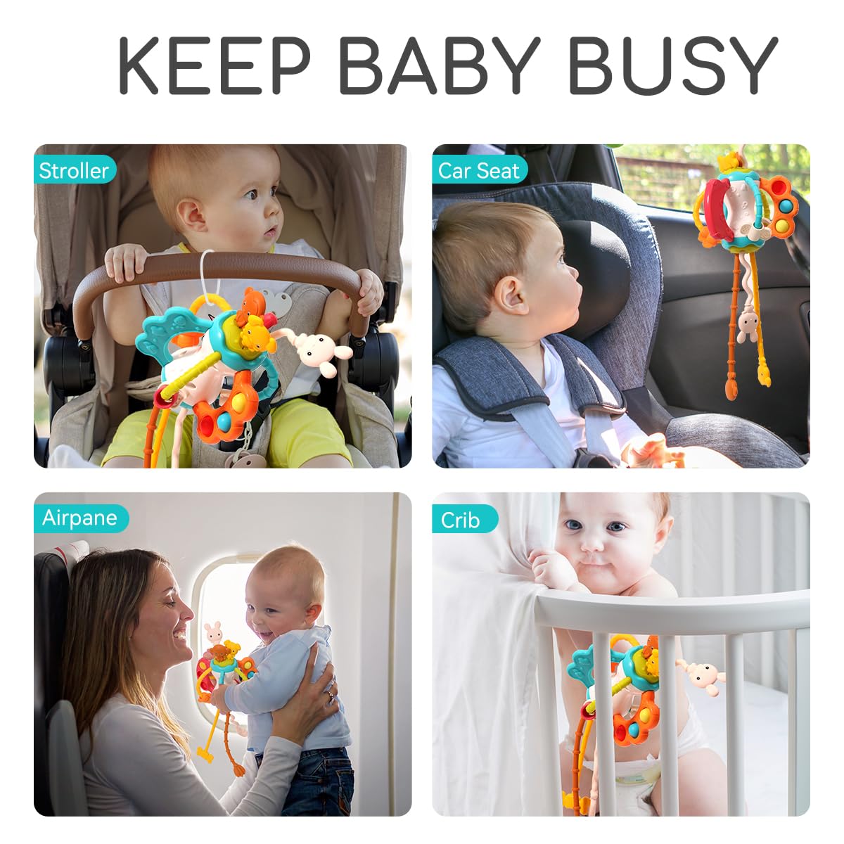 **Montessori Airplane Travel Toys for Toddlers 1-3 Years - Sensory Pull String Baby Toys for Boys & Girls 6-12 Months - Silicone Car Seat & Stroller Essentials - Perfect for Long Flights & Road Trips**