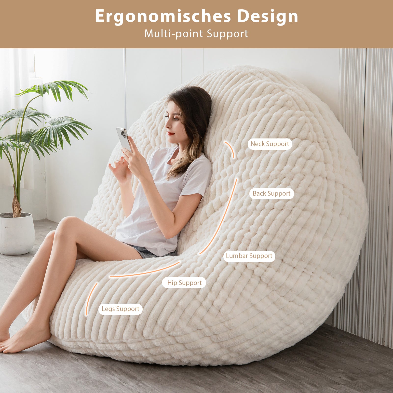 MAXYOYO Giant Round Bean Bag Chair for Adults - Soft Striped Faux Fur Oversized Lounger (Beige) | Perfect for Living Room, Bedroom, Game Room & Dorm Relaxation
