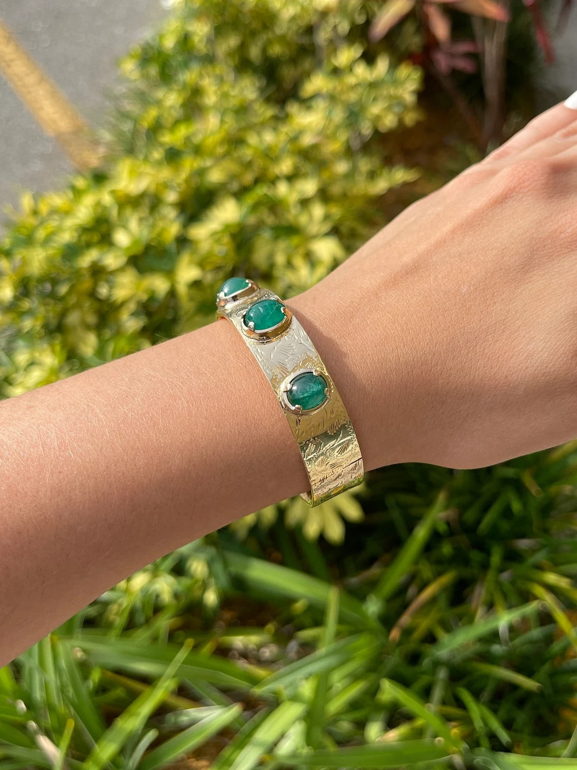 14K Gold Bangle Bracelet with 14.82tcw Natural Cabochon Emerald Three Stone - Elegant Jewelry for Women, Perfect for Weddings, Anniversaries & Special Occasions