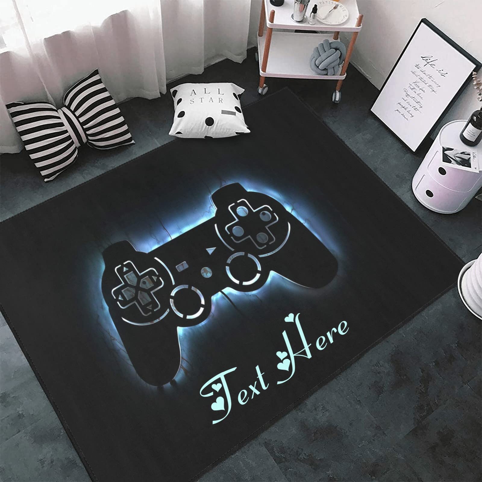 Custom Black Gaming Controller Rug - Washable Non-Slip Kitchen Bath Mat for Bedroom, Living Room, Patio - Personalized Name Design 5.2'x7.5' - Perfect for Gamers, Home Decor & Entryway Floor Covering