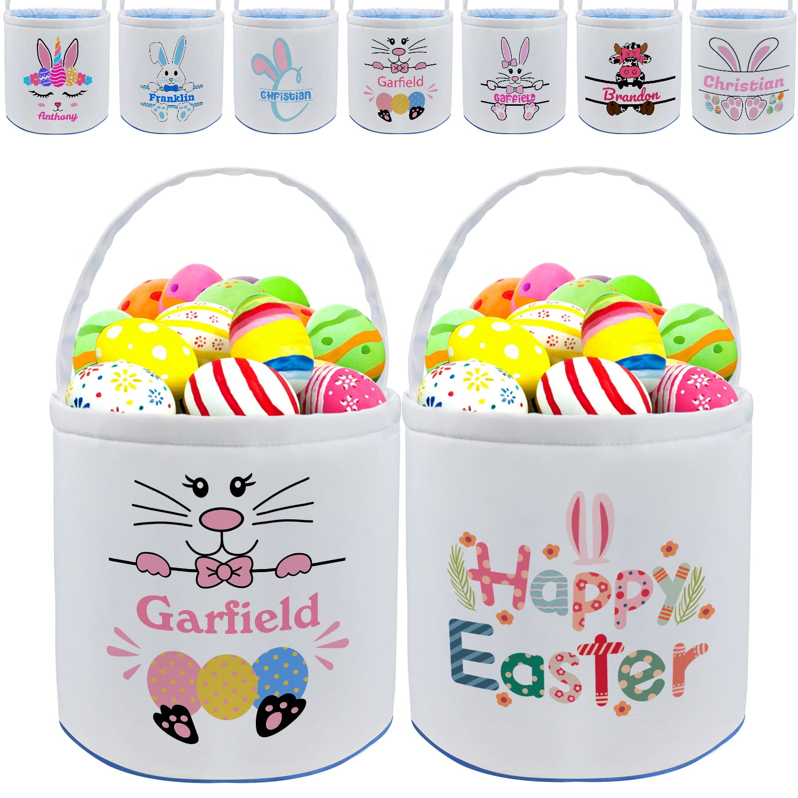 Personalized Easter Basket with Name - Custom Candy Egg & Bunny Tote Bag for Girls & Boys - Pink Easter Gift Decorations for Home, Party & Spring Celebrations