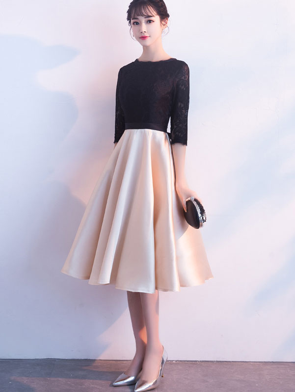 Elegant Color Blocked Belted Fit & Flare Tea Length Prom Dress for Homecoming, Wedding Guest & Special Occasions