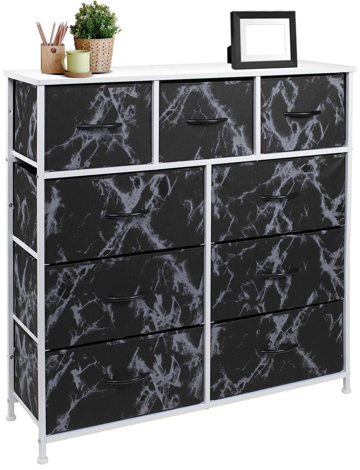 Sorbus 9-Drawer Dresser Storage Chest Tower - Steel Frame & Wood Top Organizer for Bedroom, Hallway, Closet & Office - Marble Black & White Fabric Bins | Perfect for Small Space Organization & Home Decor