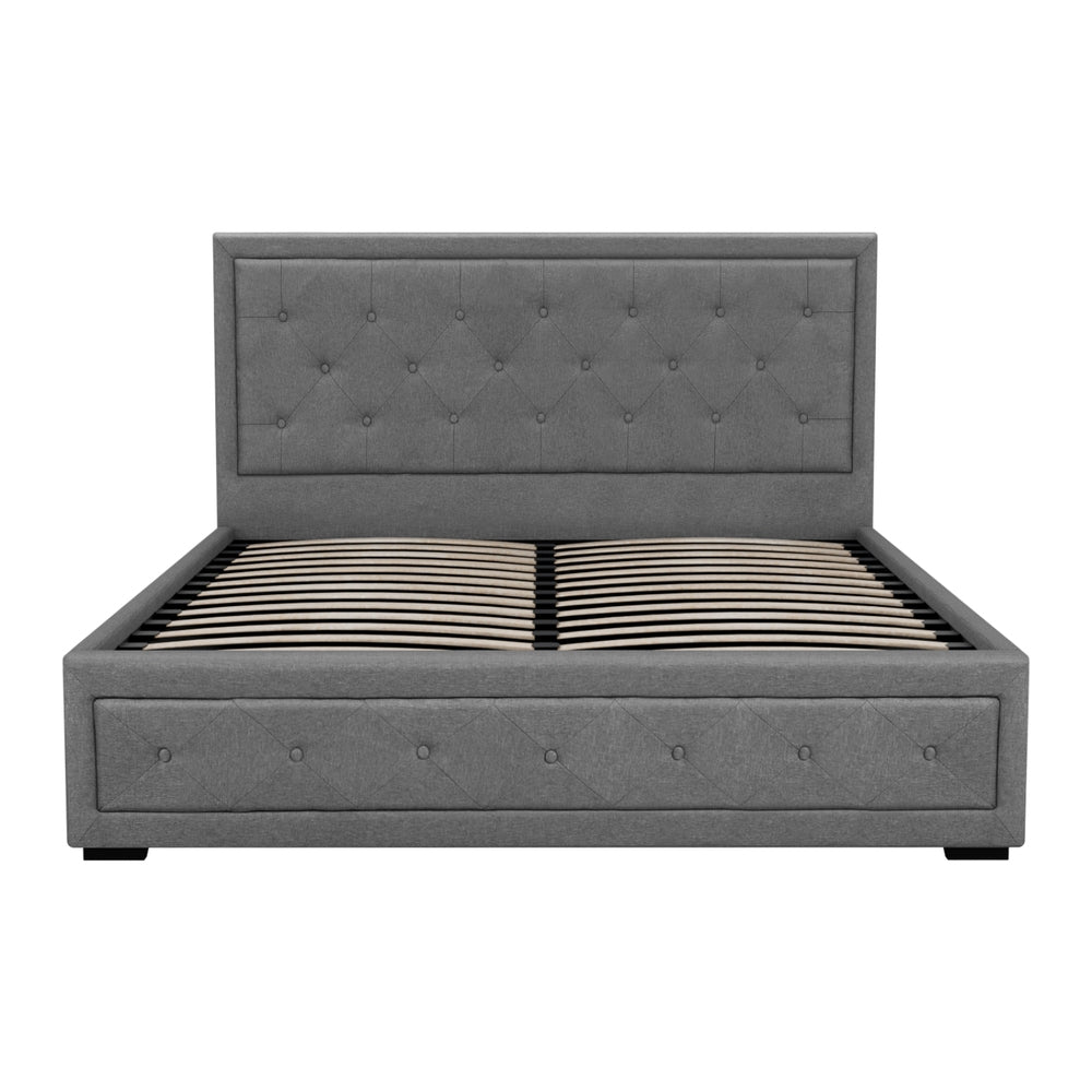 Bronte Queen Bed Frame with Storage - Grey Upholstered Platform Bed for Small Spaces & Modern Bedrooms