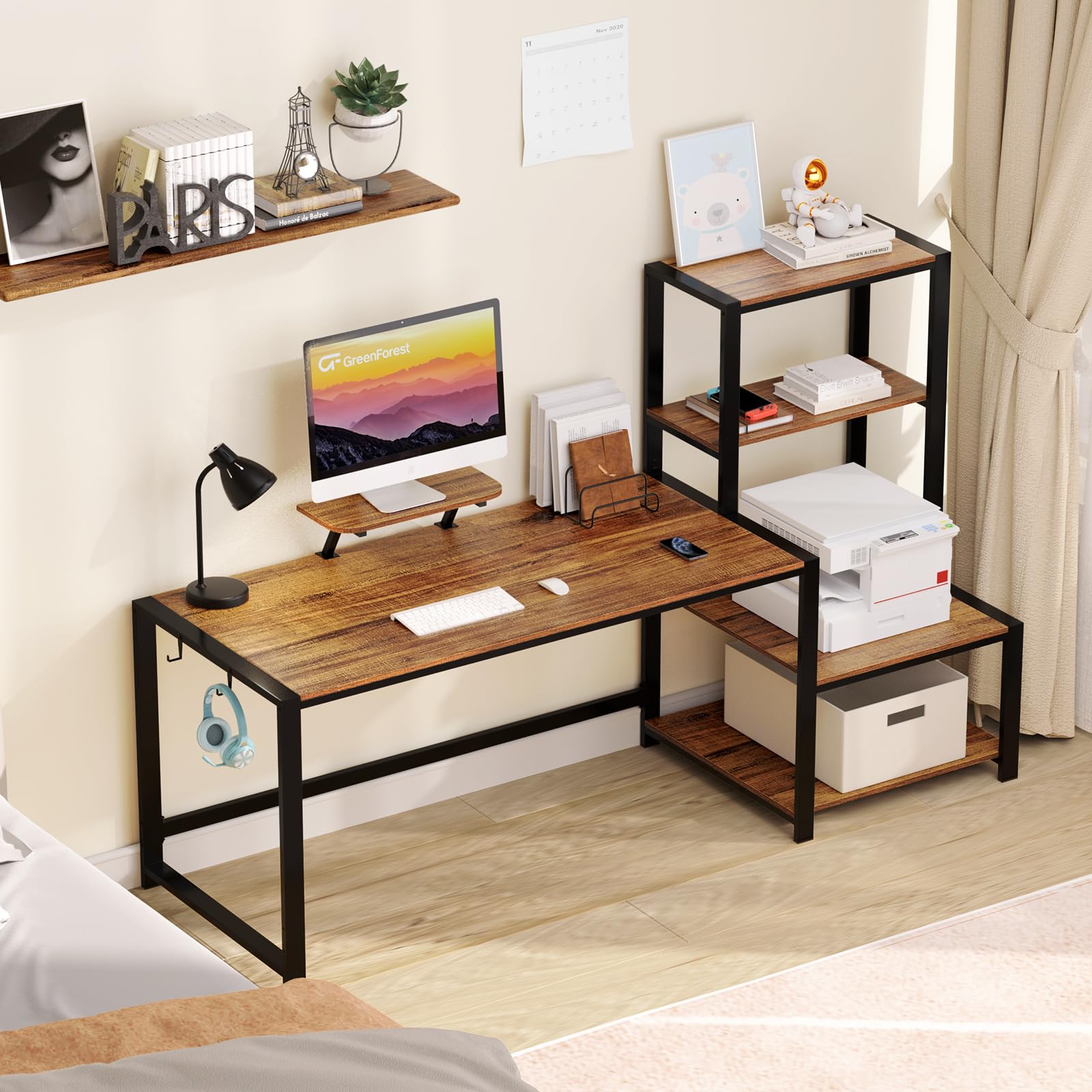 GreenForest 67-inch Computer Desk with Printer Shelf & Monitor Stand - Reversible Office Desk with 2 Hooks for Home Office, Study, Writing & Gaming - Perfect for Small Spaces & Workstations (Brown)