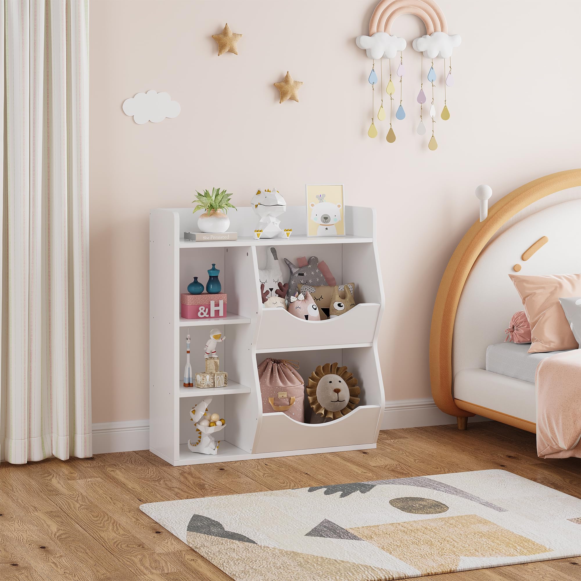 IDEALHOUSE 5-Cubby Kids Bookshelf - Sturdy Wooden Bookcase & Toy Storage Organizer for Boys & Girls - Perfect for Playroom, Bedroom, Nursery & Kids Room (White) - Great for Organizing Books, Toys & Learning Supplies
