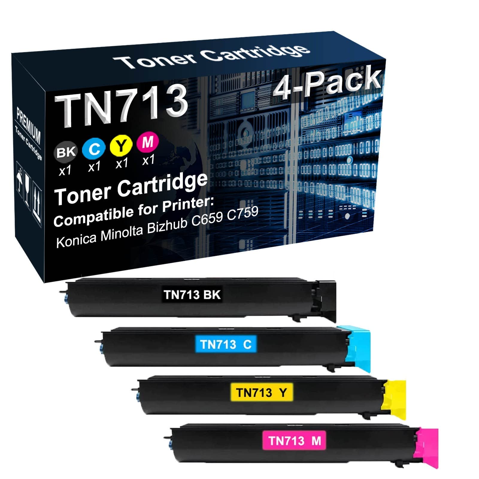 4-Pack (Black, Cyan, Yellow, Magenta) High-Yield TN-713 Compatible Toner Cartridges for Konica Minolta Bizhub C659 & C759 Printers - Ideal for Office Printing, Business Documents, and High-Volume Color Printing