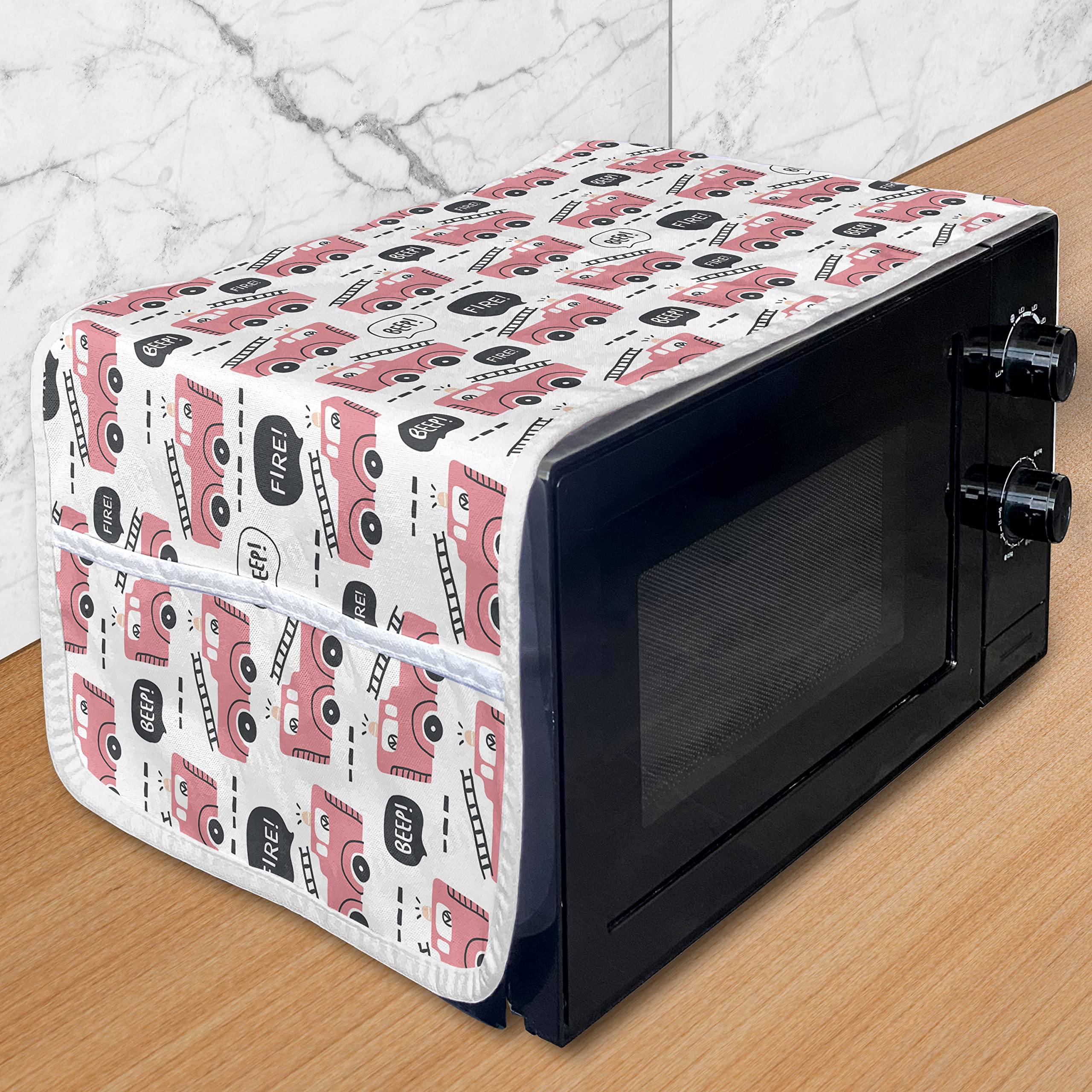Vintage Trucks Microwave Oven Cover - Cartoon Style Pastel Vehicle Art, Waterproof Kitchen Organizer with Pockets, 36