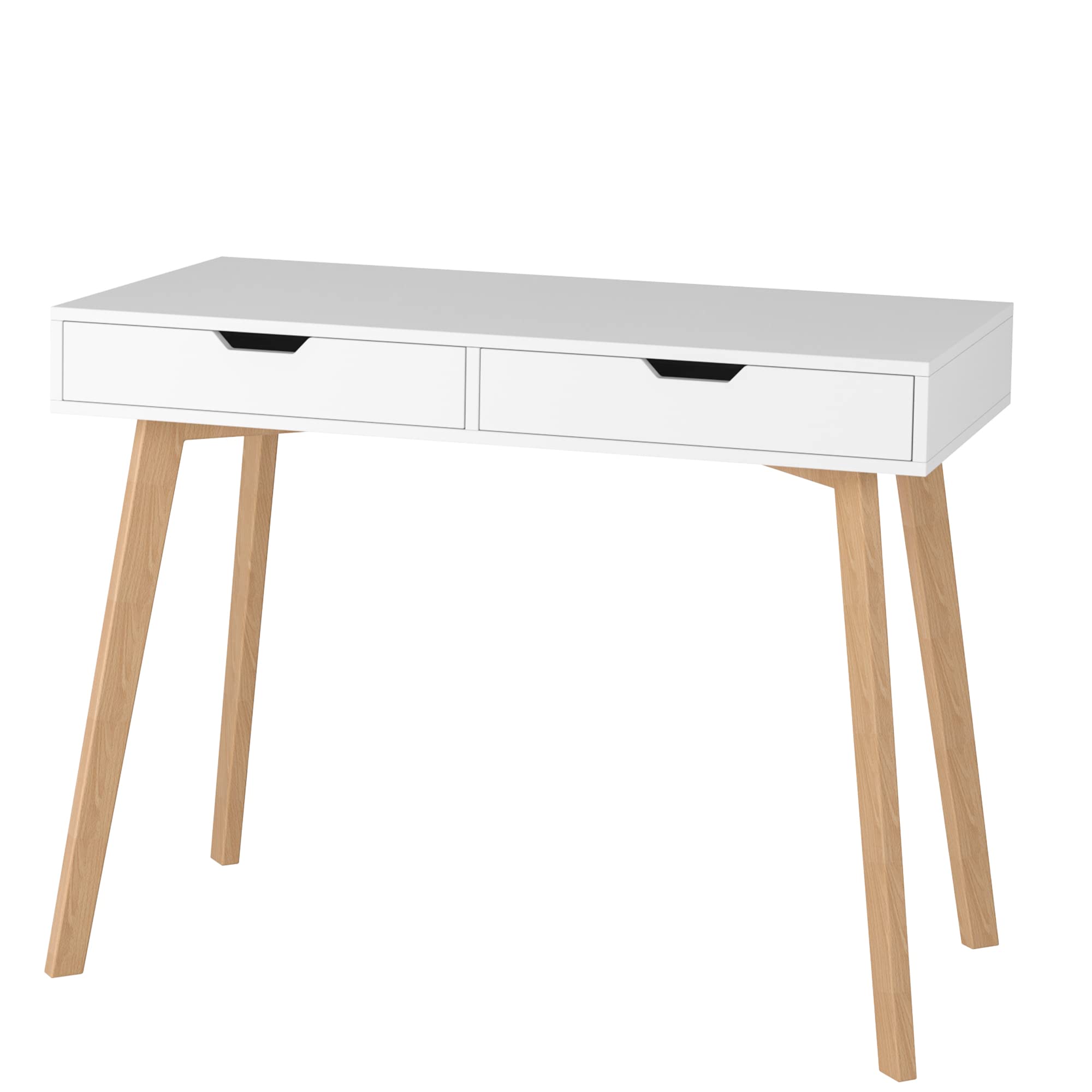 FOTOSOK White Modern Computer Writing Desk with 2 Drawers - Small Wooden Office Desk & Makeup Vanity Table with 4 Sturdy Oak Legs - Perfect for Home Office, Study Room & Bedroom Workspace