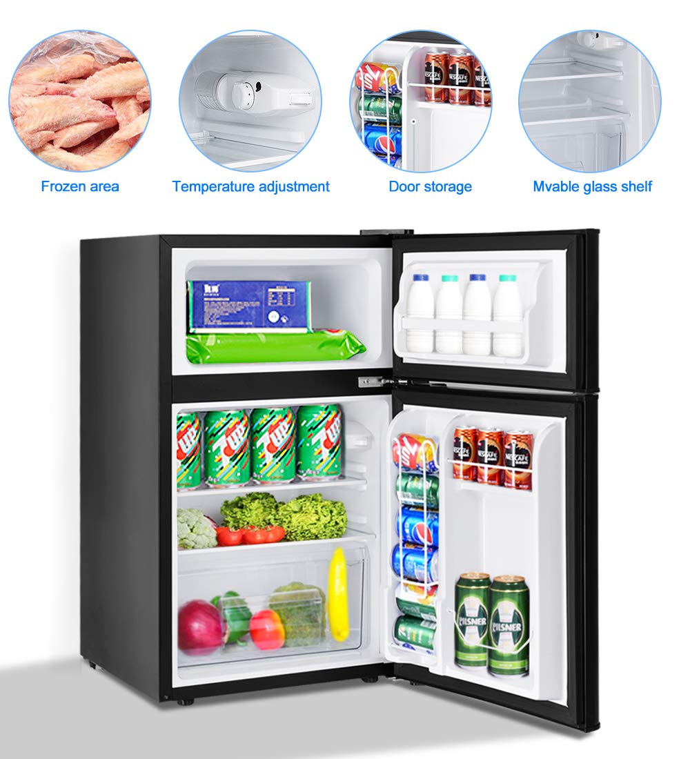 3.2 Cu.FT Mini Fridge with Freezer - Compact Dual Door Refrigerator with Adjustable Temperature & Removable Glass Shelves - Perfect for Dorm, Office, Kitchen, Bedroom, RV, or Small Apartment (Black)