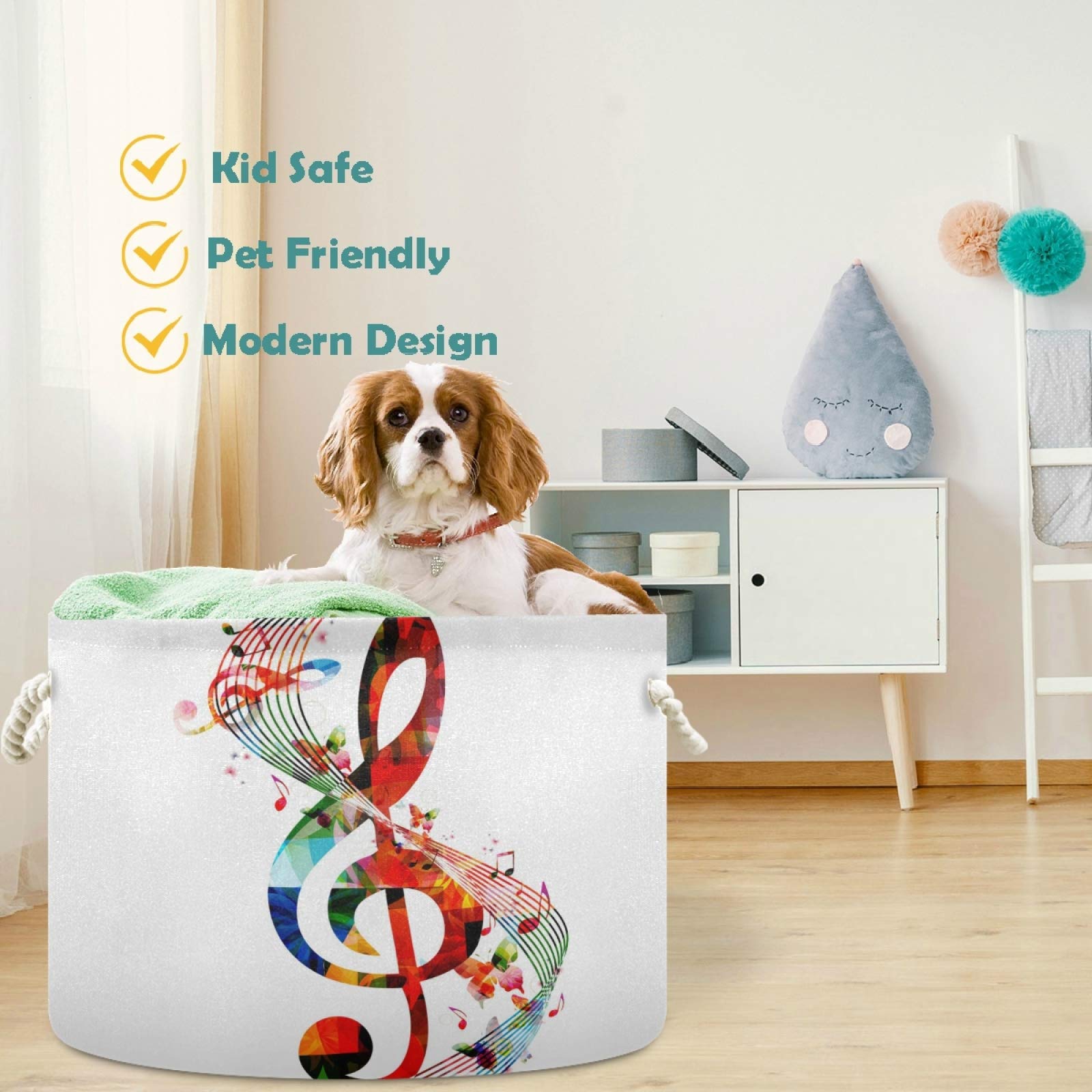 Colorful Music Note Canvas Storage Basket - Nursery Hamper, Toy Organizer Bin, Laundry Basket for Kids Room, Playroom & Shelves | Perfect for Baby Clothes, Stuffed Animals & Playroom Organization