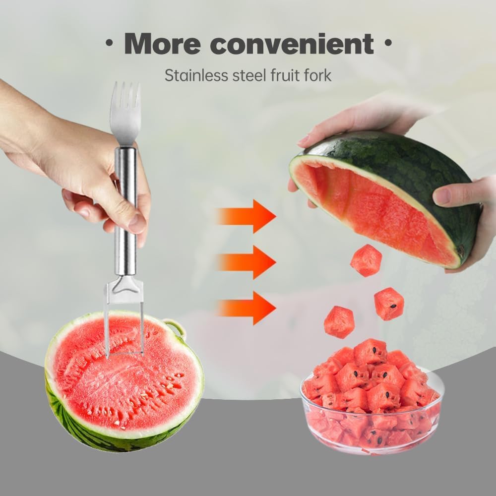2-in-1 Stainless Steel Fruit Cutter - Dual Head Watermelon Slicer & Fork Set with Ergonomic Round Handle (2PCS) - Perfect for Picnics, BBQs and Summer Fruit Parties