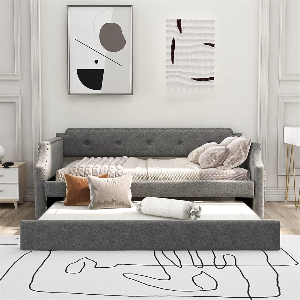 Twin Size Trundle Daybed with Upholstered Tufted Design - Wood Slat Support Sofa Bed Frame, No Box Spring Needed (Gray) - Perfect for Guest Rooms, Small Apartments & Multi-Functional Living Spaces