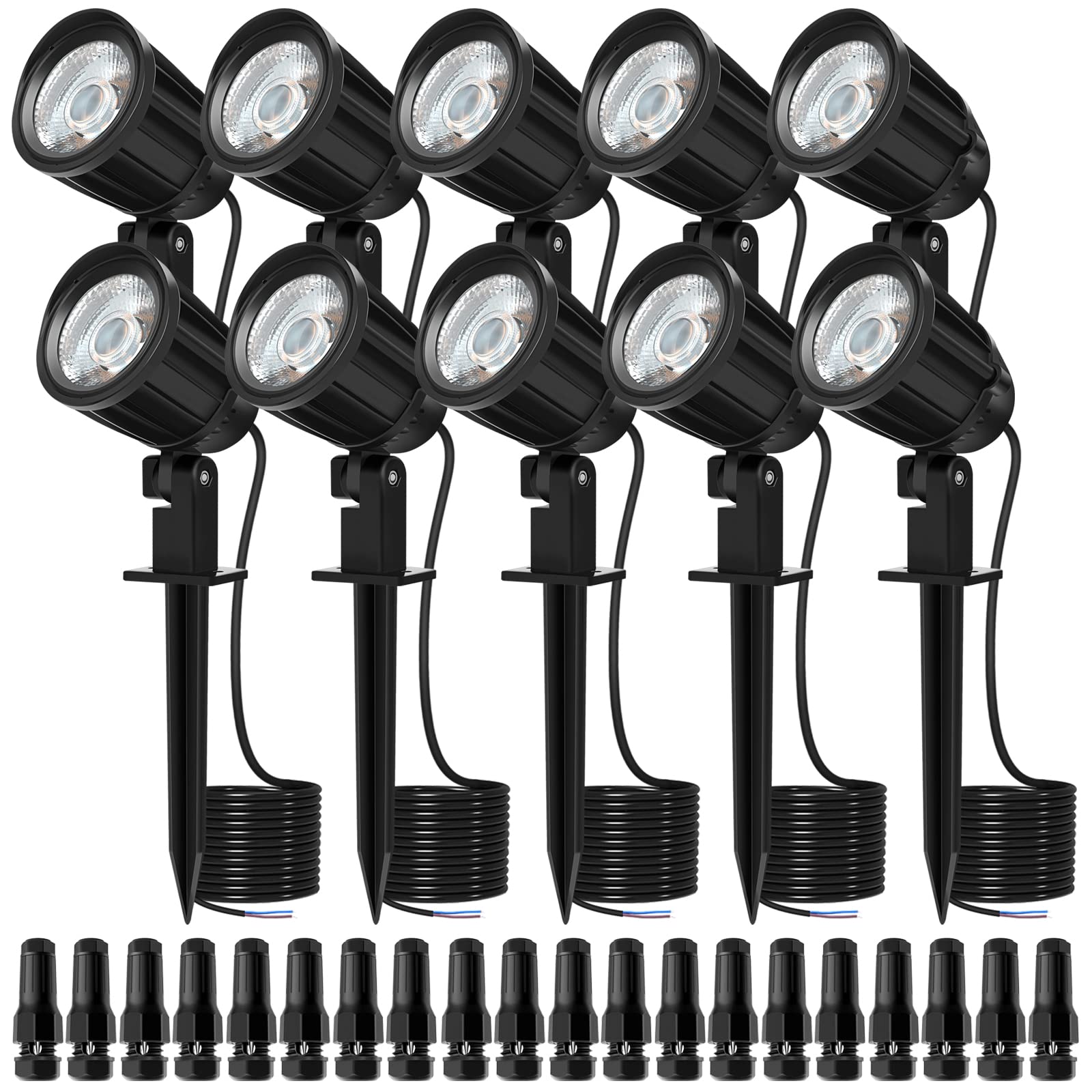 10 Pack MEIHUA LED Landscape Lights with Connectors - IP66 Waterproof Low Voltage Outdoor Spotlights (3000K Warm White) with Spike Stand - Perfect for Garden, Pathway, Yard, and Landscape Lighting