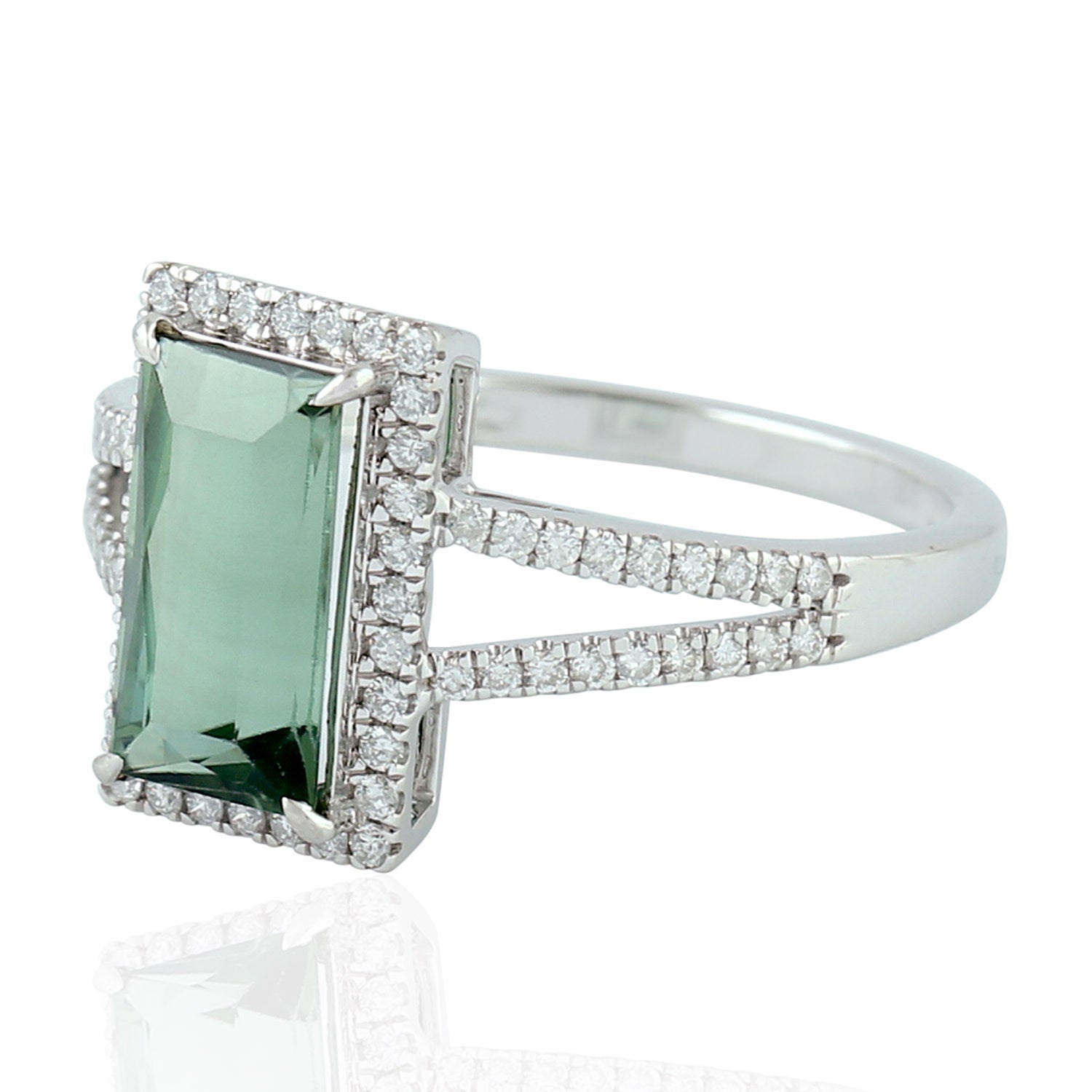 18K White Gold Green Tourmaline Pave Diamond Handmade Long Ring - Elegant Statement Jewelry for Weddings, Parties & Special Occasions