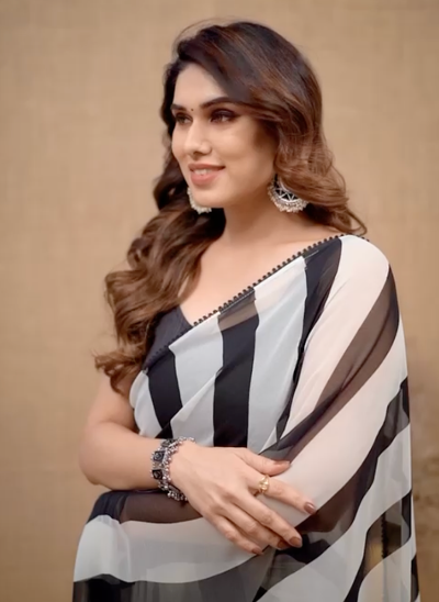 Stylish Black and White Striped Georgette Saree - Ready to Wear Indian Ethnic Dress for Women | Perfect for Weddings, Parties & Festive Occasions