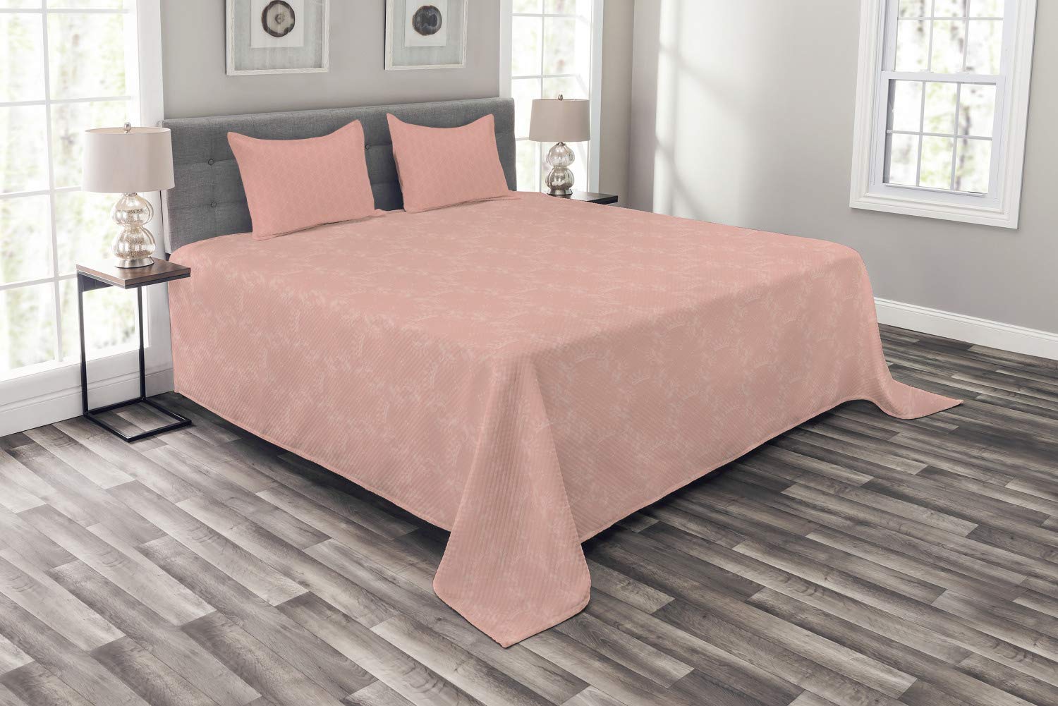 Ambesonne Peach Queen Size 3-Piece Bedspread Set with Crown & Floral Abstract Motifs - Soft Coral Monochrome Bedding Coverlet & 2 Pillow Shams | Perfect for Master Bedroom, Guest Room & Bohemian Home Decor