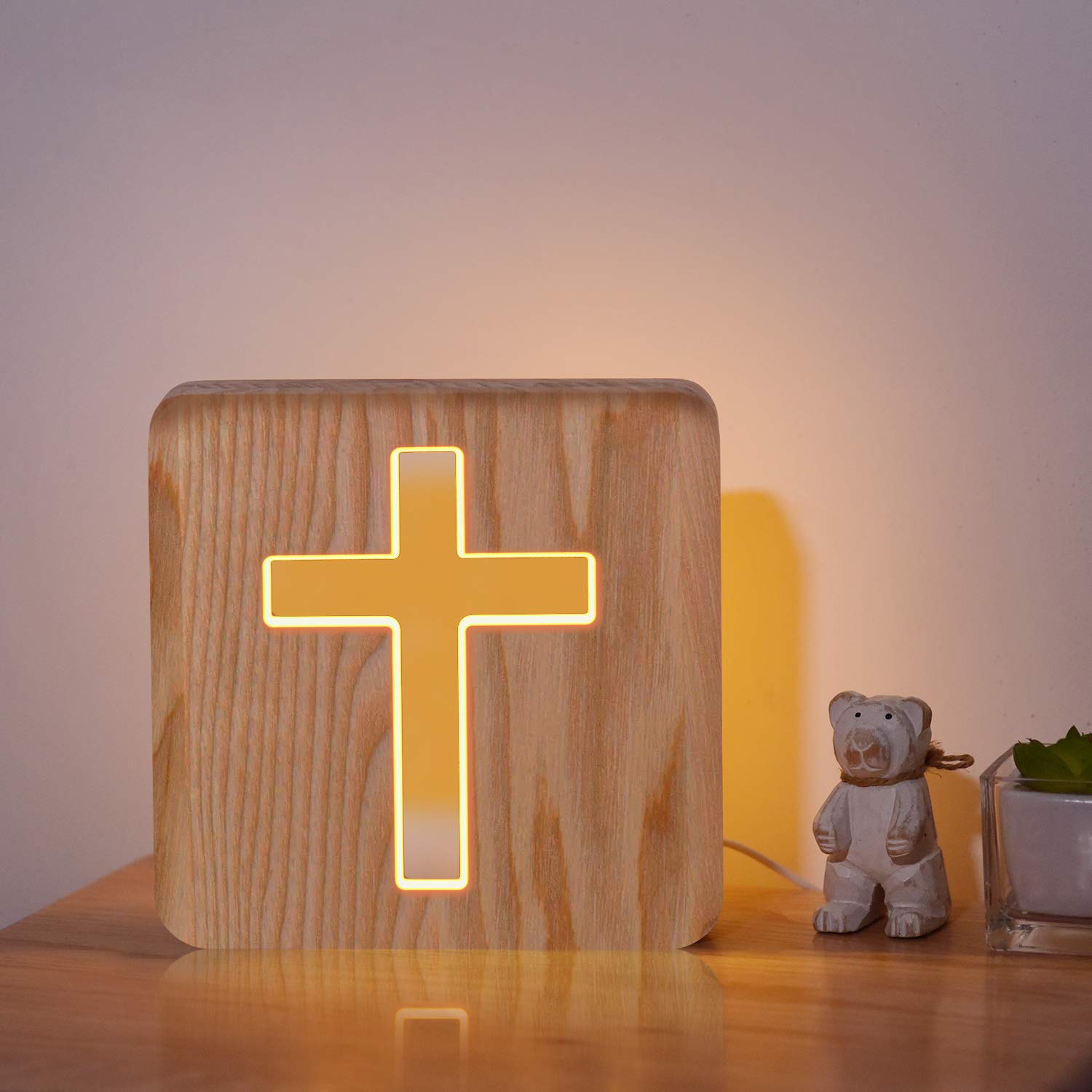 Lampeez 3D Illusion Jesus Cross Wooden Night Light - USB Powered Novelty Lamp for Kids Room Decor, Christmas Birthday Gifts for Boys & Girls | Bedroom Decor, Holiday Lighting, Children's Religious Gift