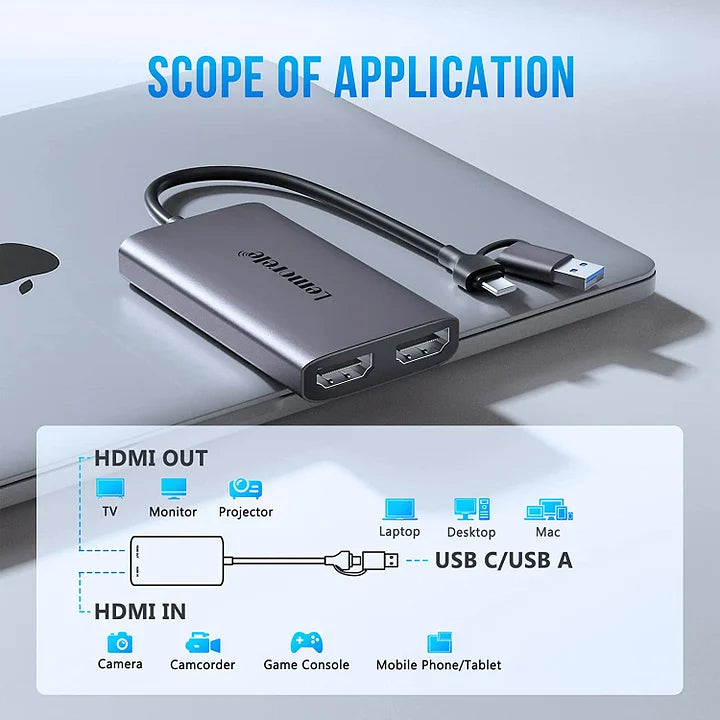 Lemorele 4K HDMI Video Capture Card - USB C & USB 3.0 Compatible for Live Streaming, Gaming, Recording | Works with PS5, Xbox, Switch, PC, Mac | Ultra HD 1080P/4K 60FPS Low Latency | Perfect for Twitch, YouTube, OBS Studio