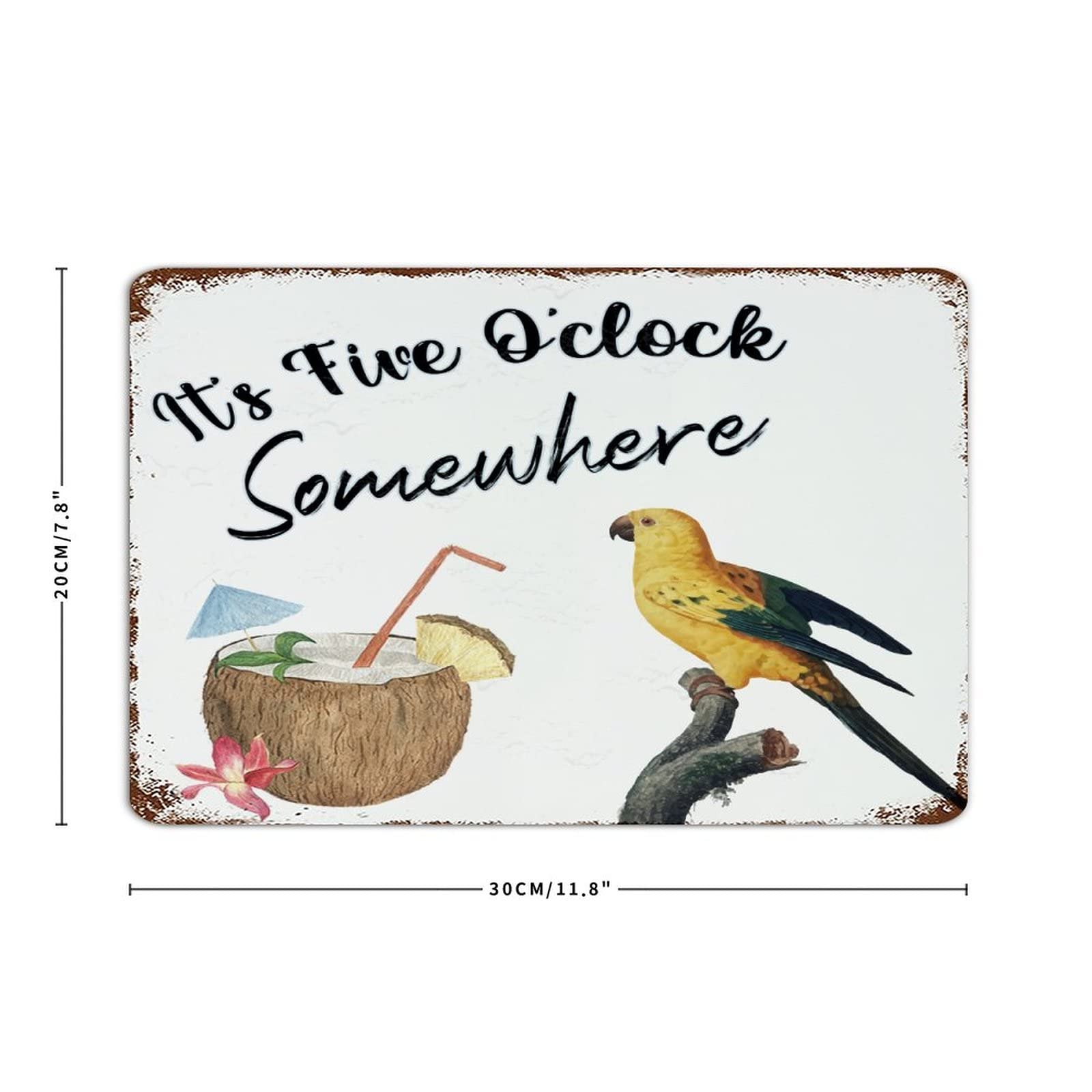 5 O'Clock Somewhere Metal Wall Plaque - Rustic Farmhouse Decor for Men, Office & Garage - 8x12 Inch Parrot & Flowers Design - Perfect for Dorm Room, Man Cave & Bar Signs