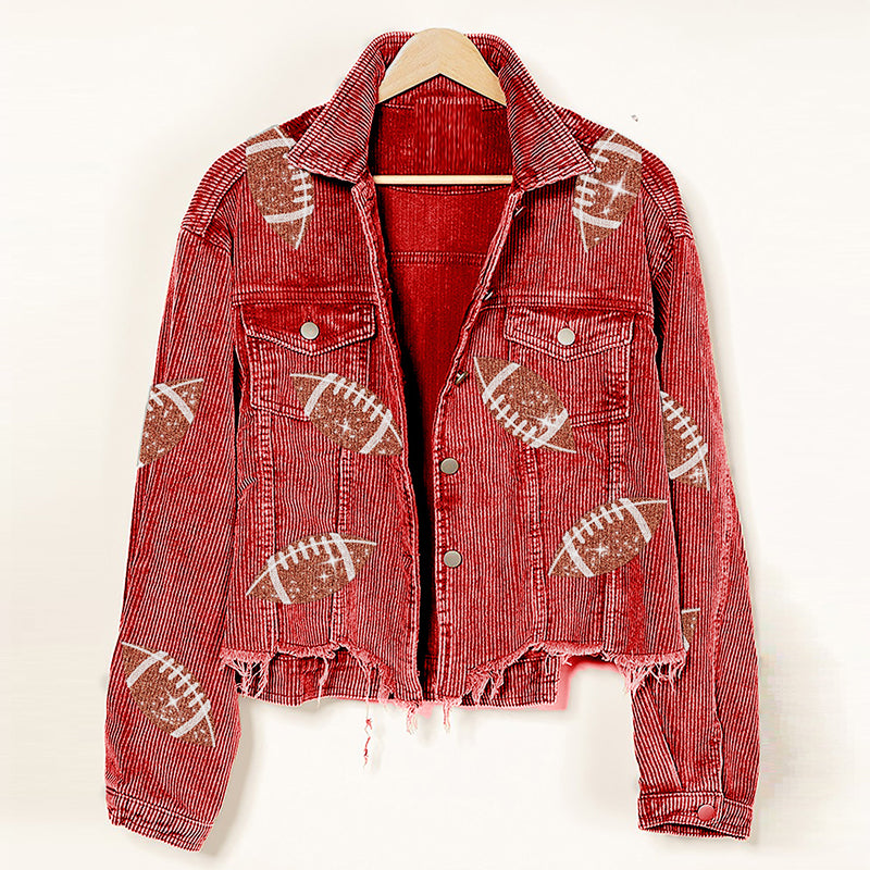 Stylish Women's Corduroy Rugby Print Baseball Jacket - Warm Autumn Winter Fashion Outerwear for Casual Wear & Outdoor Activities