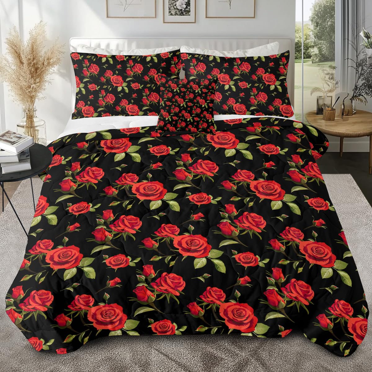 Sleepwish 4-Piece Red Rose Floral Comforter Set - Reversible Black Vintage Quilt for Women & Teens | Full Size Bedding Set for Cozy Bedroom Decor
