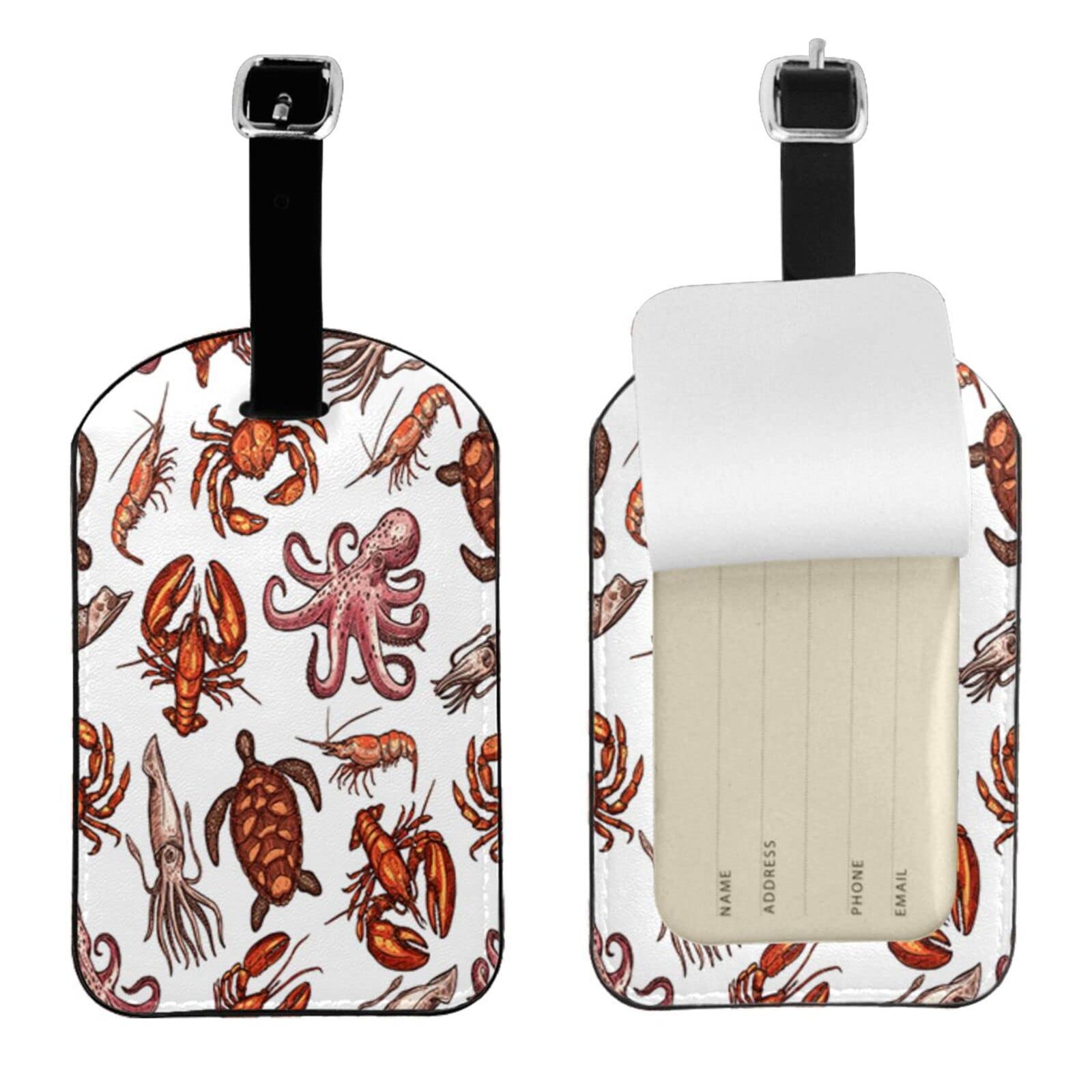 Wozukia Seafood-Themed Leather Luggage ID Tags - Crab, Shrimp & Octopus Design Travel Accessories for Suitcases | Perfect for Beach Vacations, Cruise Trips & Ocean-Themed Travel
