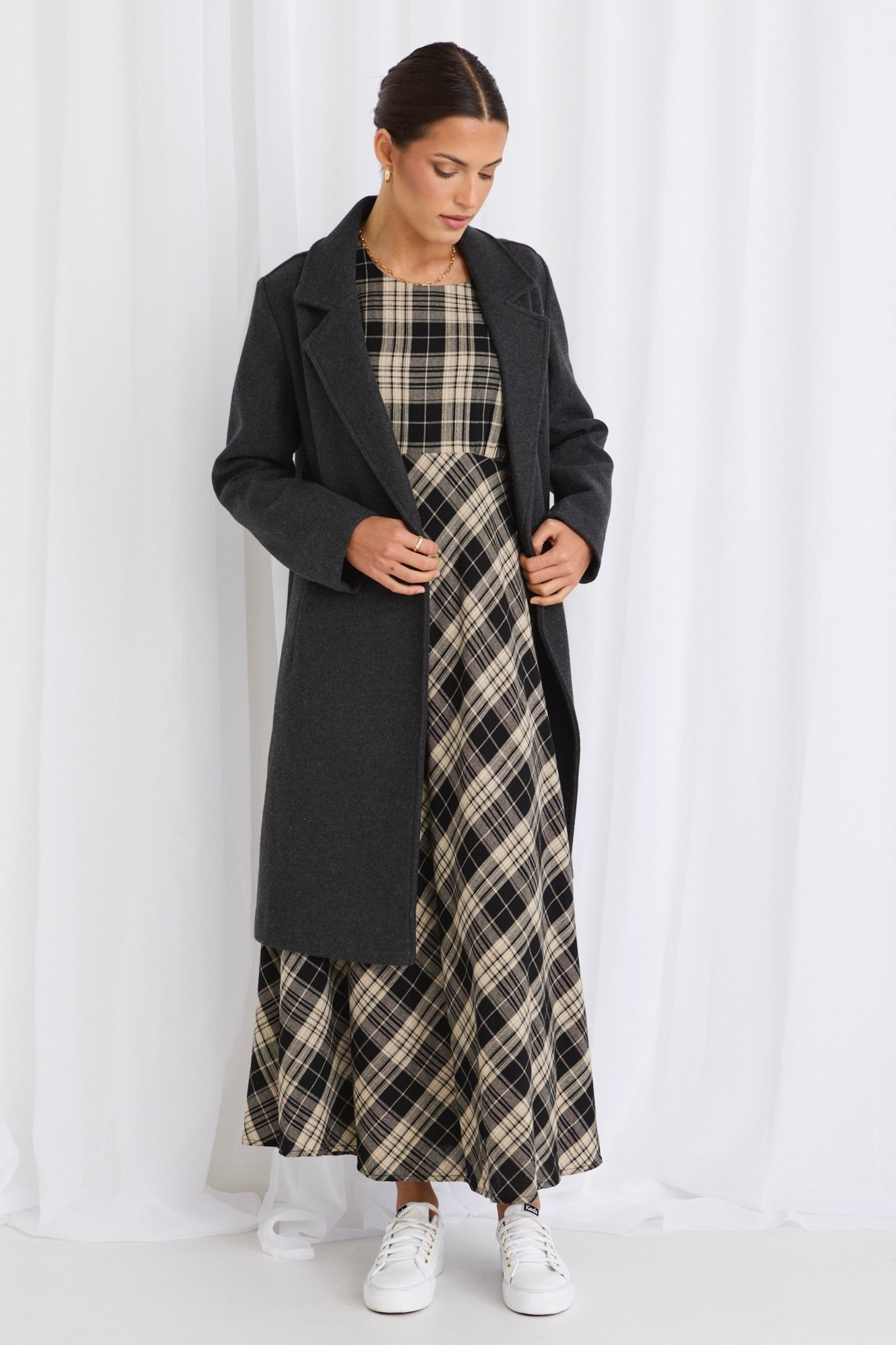 Elegant Black Check Long Sleeve Bias Cut Maxi Dress for Women - Perfect for Fall Weddings, Holiday Parties & Office Wear